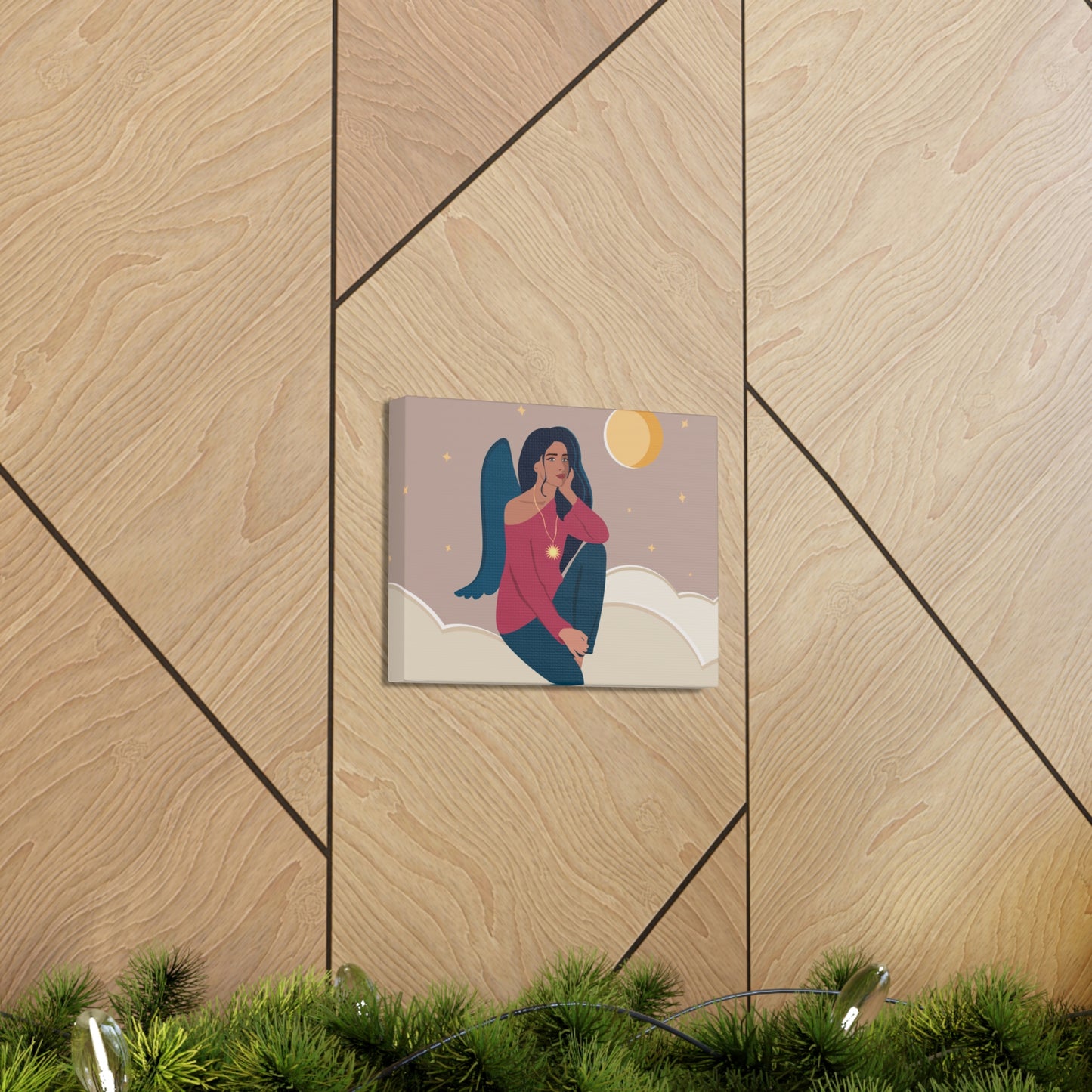 Women Angel Portrait Sitting On Clouds Cartoon Art Canvas Gallery Wraps