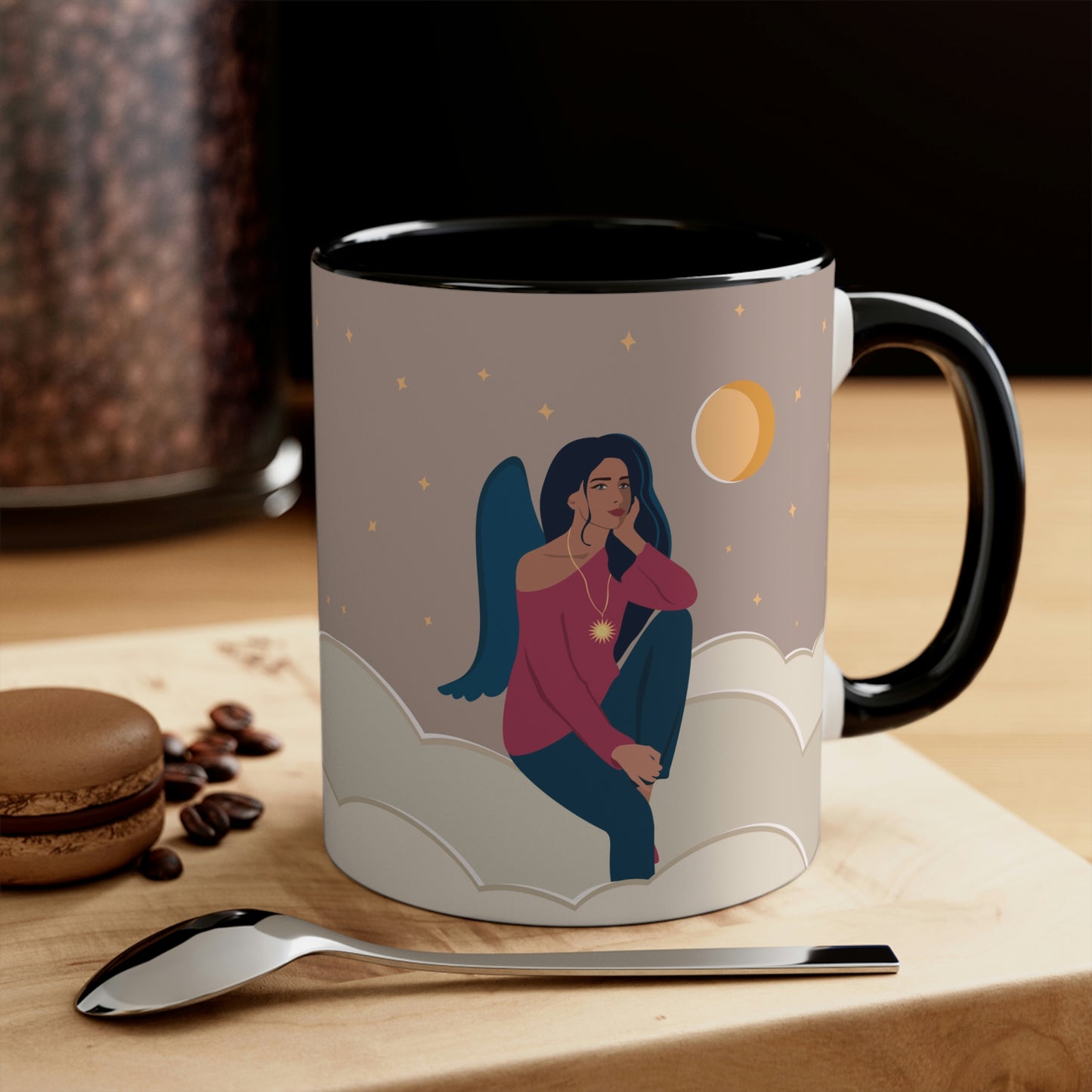 Women Angel Portrait Sitting On Clouds Cartoon Art Accent Coffee Mug 11oz