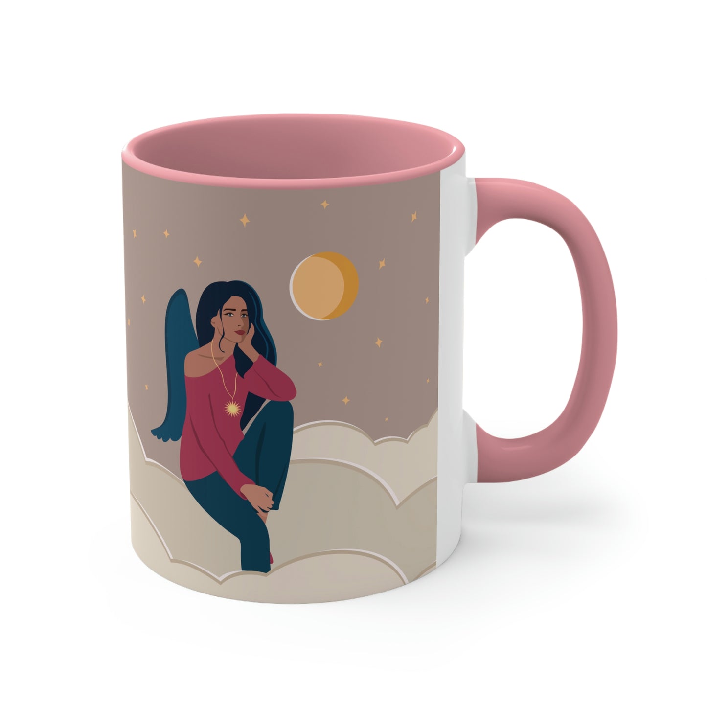 Women Angel Portrait Sitting On Clouds Cartoon Art Accent Coffee Mug 11oz