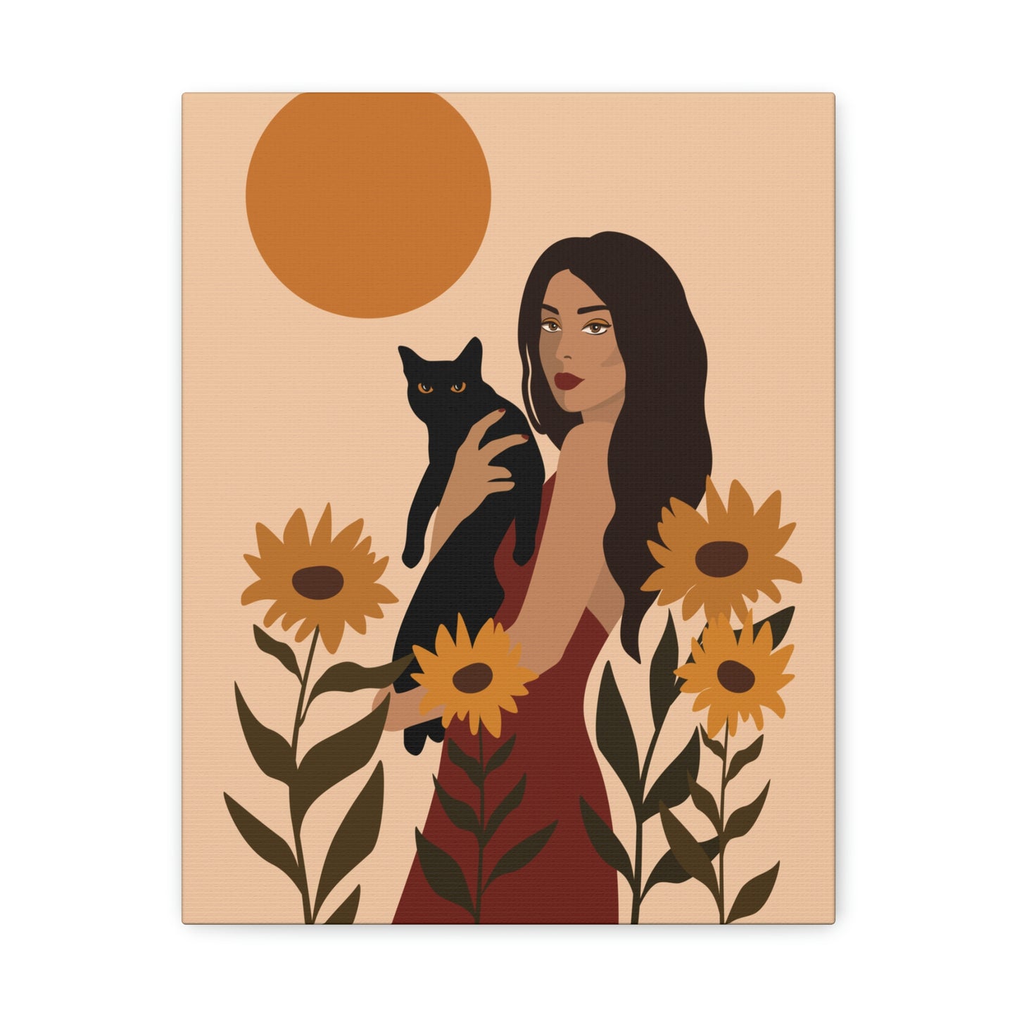 Woman with Black Cat Mininal Sunflowers Aesthetic Art Canvas Gallery Wraps