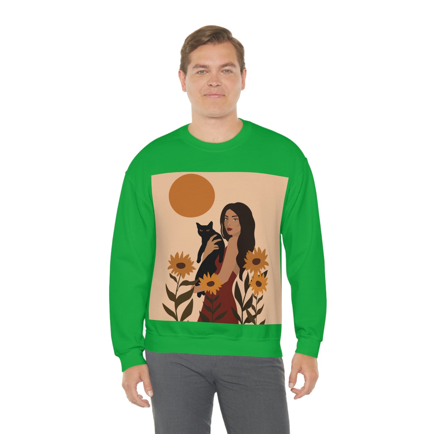 Woman with Black Cat Mininal Sunflowers Aesthetic Art Unisex Heavy Blend™ Crewneck Sweatshirt