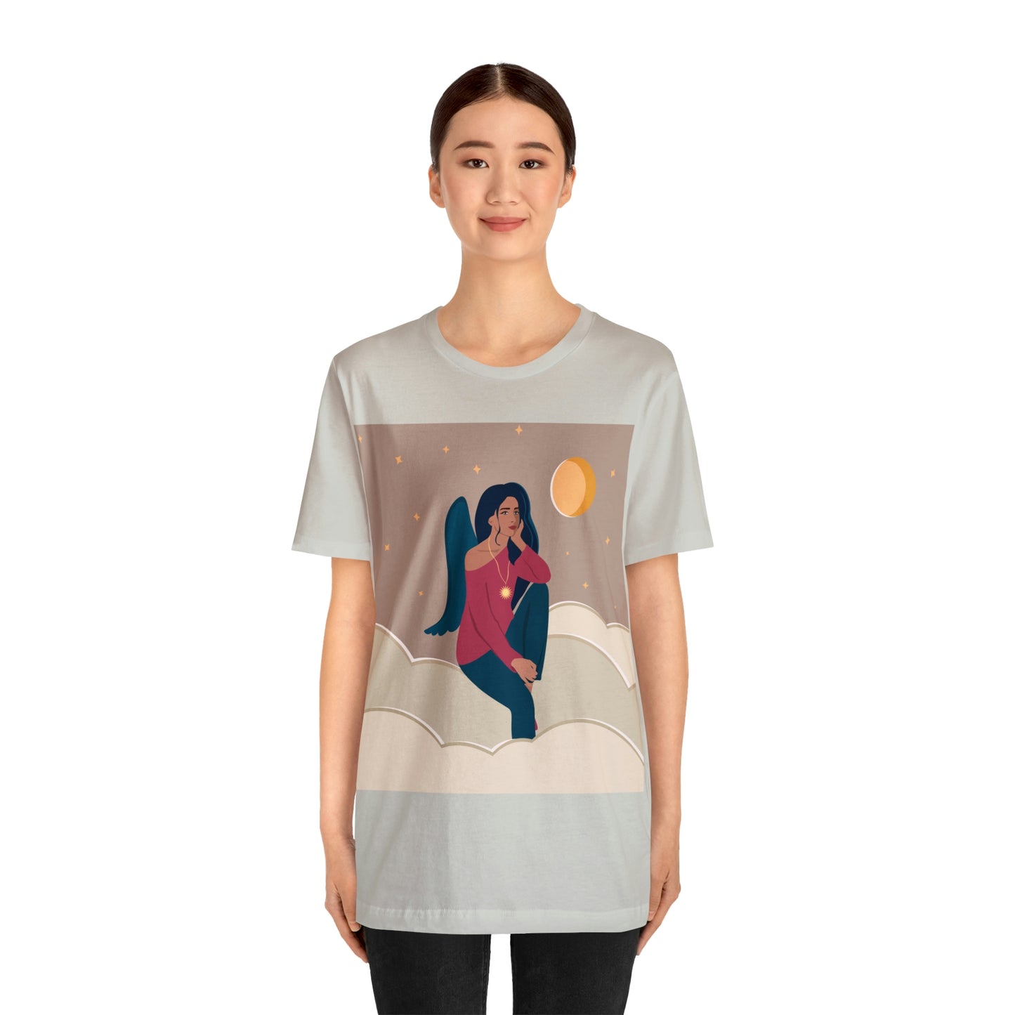 Women Angel Portrait Sitting On Clouds Cartoon Art Unisex Jersey Short Sleeve T-Shirt