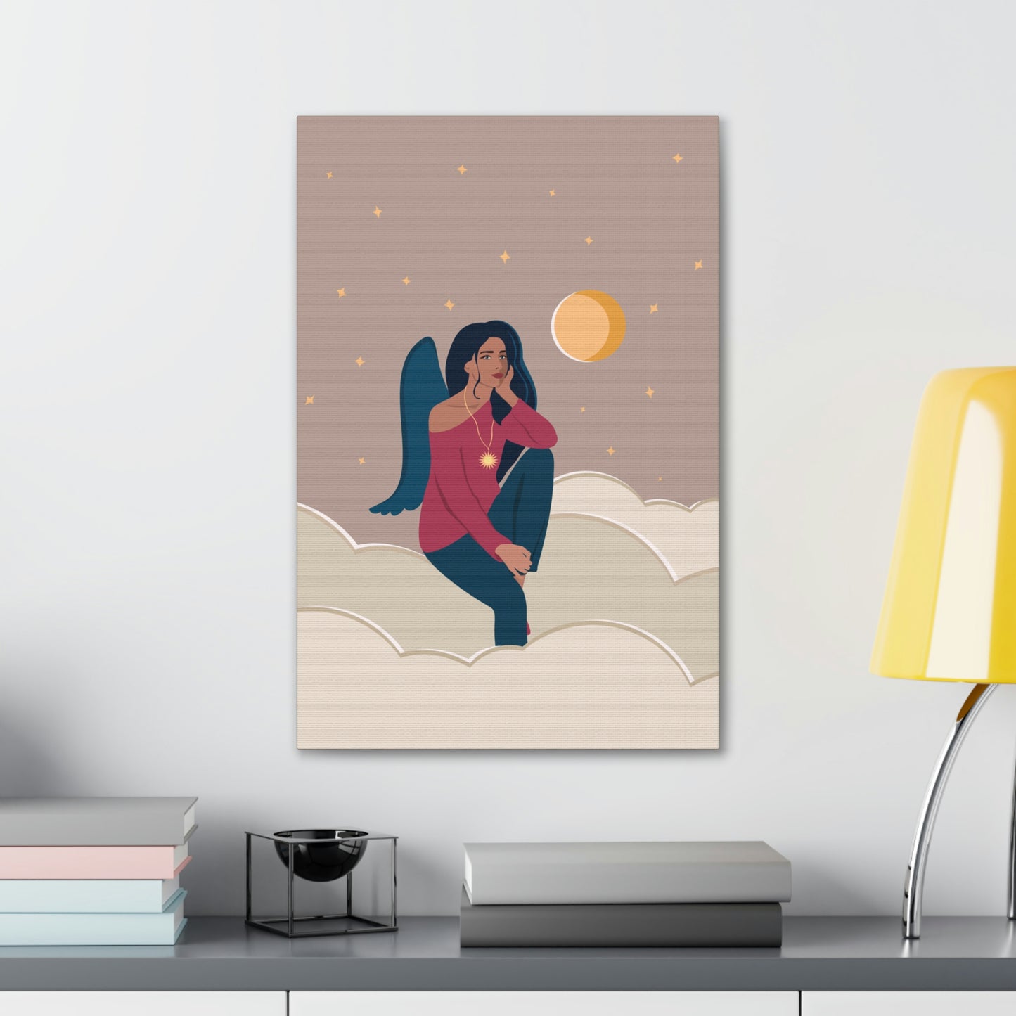 Women Angel Portrait Sitting On Clouds Cartoon Art Canvas Gallery Wraps