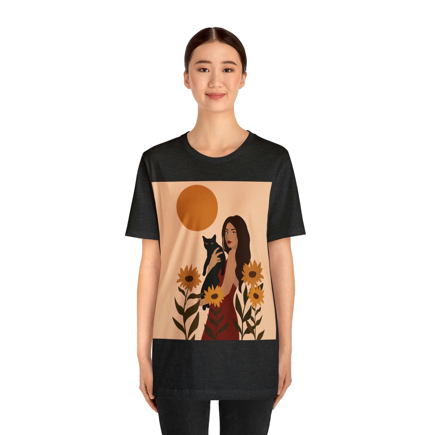 Woman with Black Cat Mininal Sunflowers Aesthetic Art Unisex Jersey Short Sleeve T-Shirt