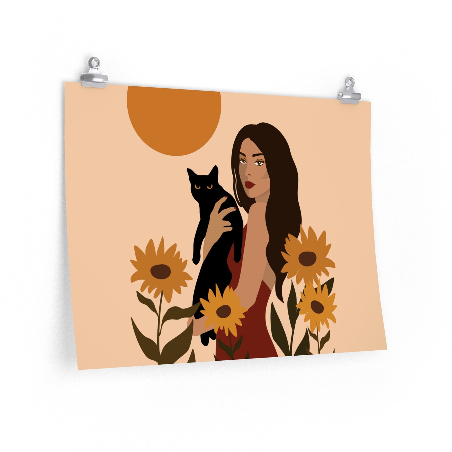 Woman with Black Cat Mininal Sunflowers Aesthetic Art Classic Premium Matte Horizontal Posters