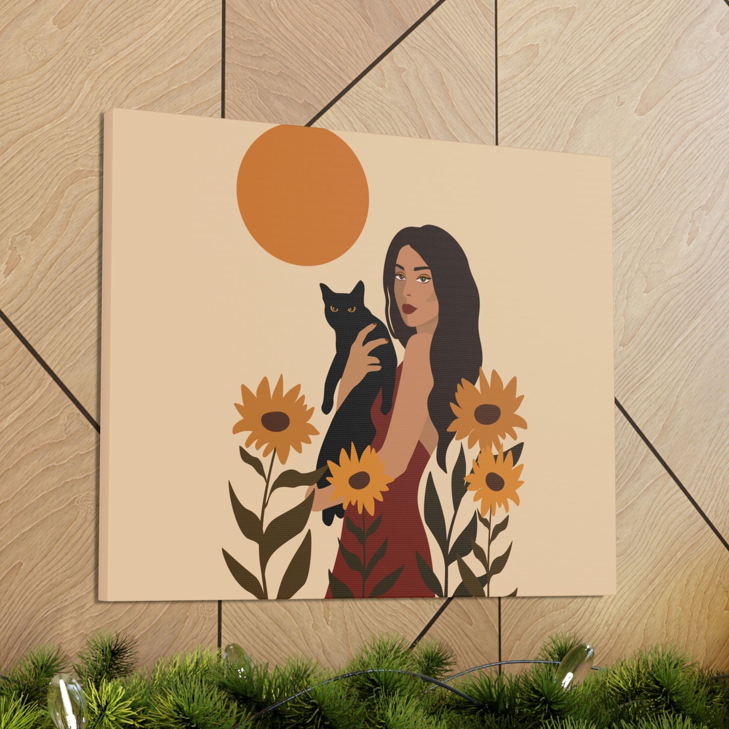 Woman with Black Cat Mininal Sunflowers Aesthetic Art Canvas Gallery Wraps