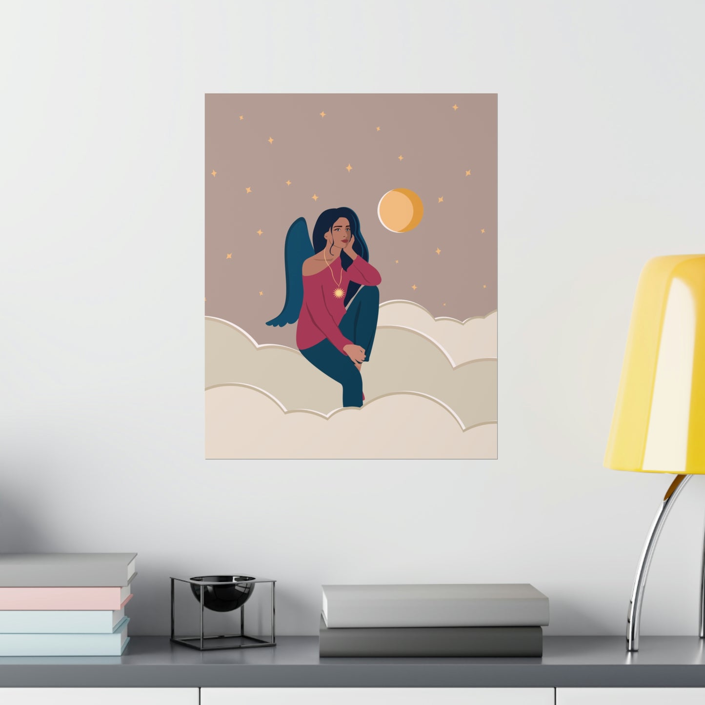 Women Angel Portrait Sitting On Clouds Cartoon Art Classic Premium Matte Vertical Posters