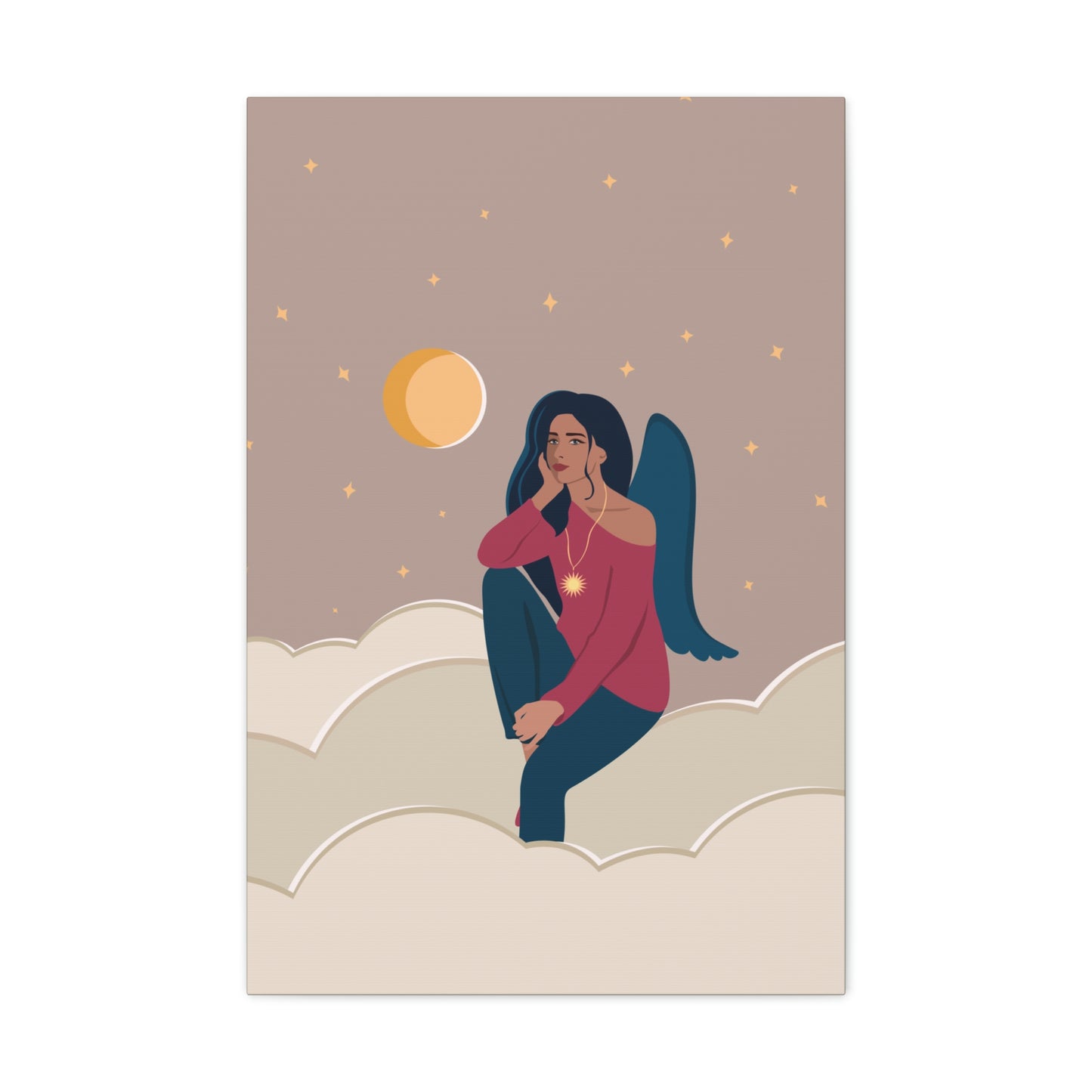 Women Angel Portrait Sitting On Clouds Cartoon Art Canvas Gallery Wraps