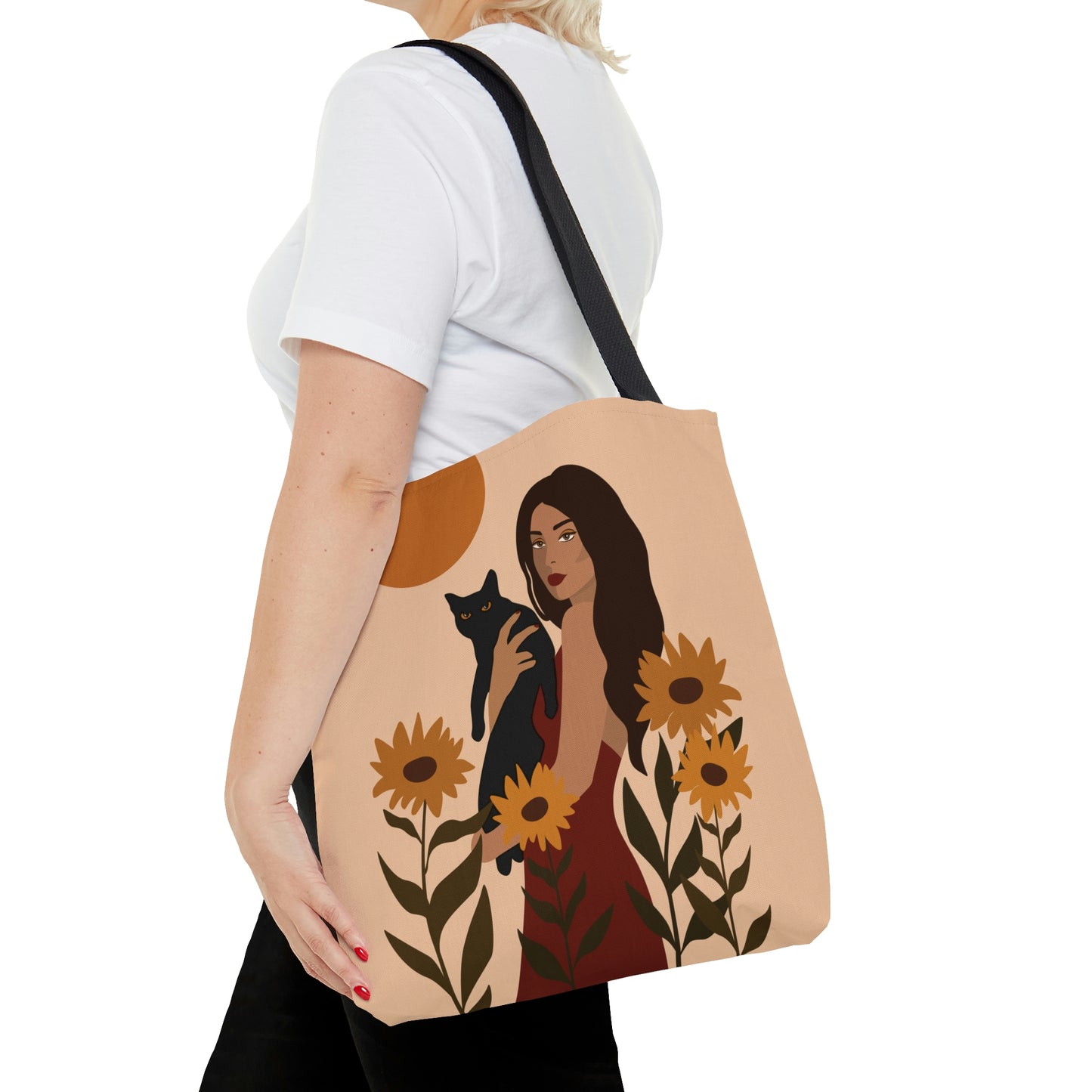 Woman with Black Cat Mininal Sunflowers Aesthetic Art AOP Tote Bag