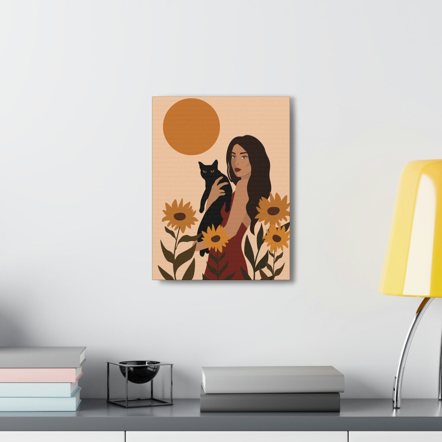 Woman with Black Cat Mininal Sunflowers Aesthetic Art Canvas Gallery Wraps