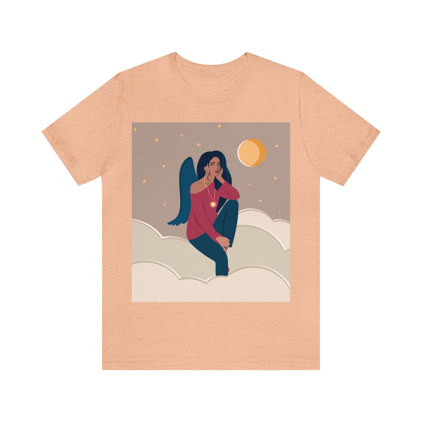 Women Angel Portrait Sitting On Clouds Cartoon Art Unisex Jersey Short Sleeve T-Shirt