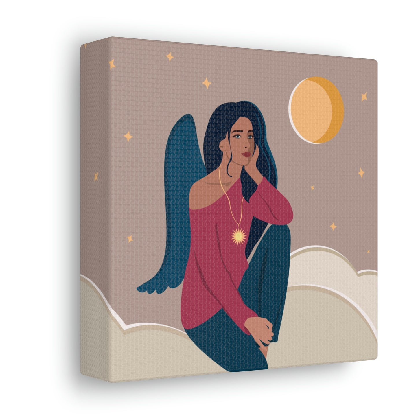 Women Angel Portrait Sitting On Clouds Cartoon Art Canvas Gallery Wraps