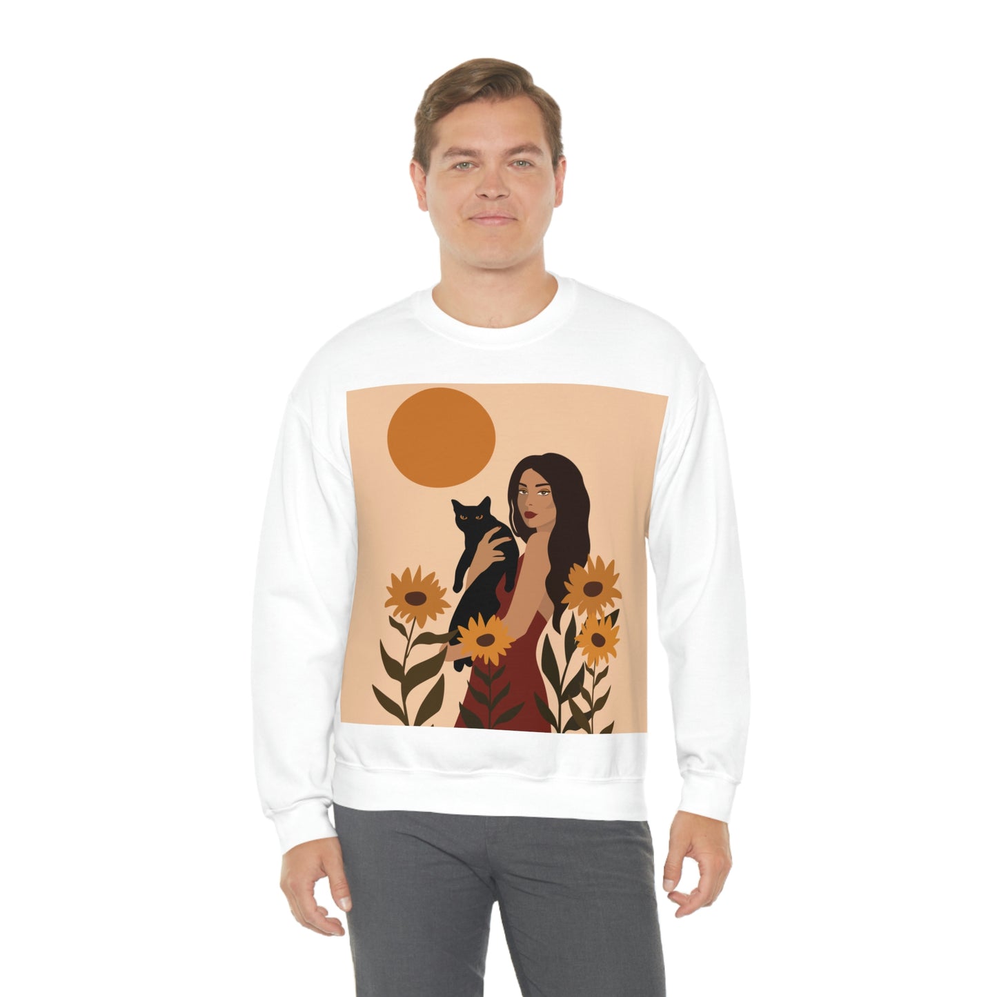 Woman with Black Cat Mininal Sunflowers Aesthetic Art Unisex Heavy Blend™ Crewneck Sweatshirt