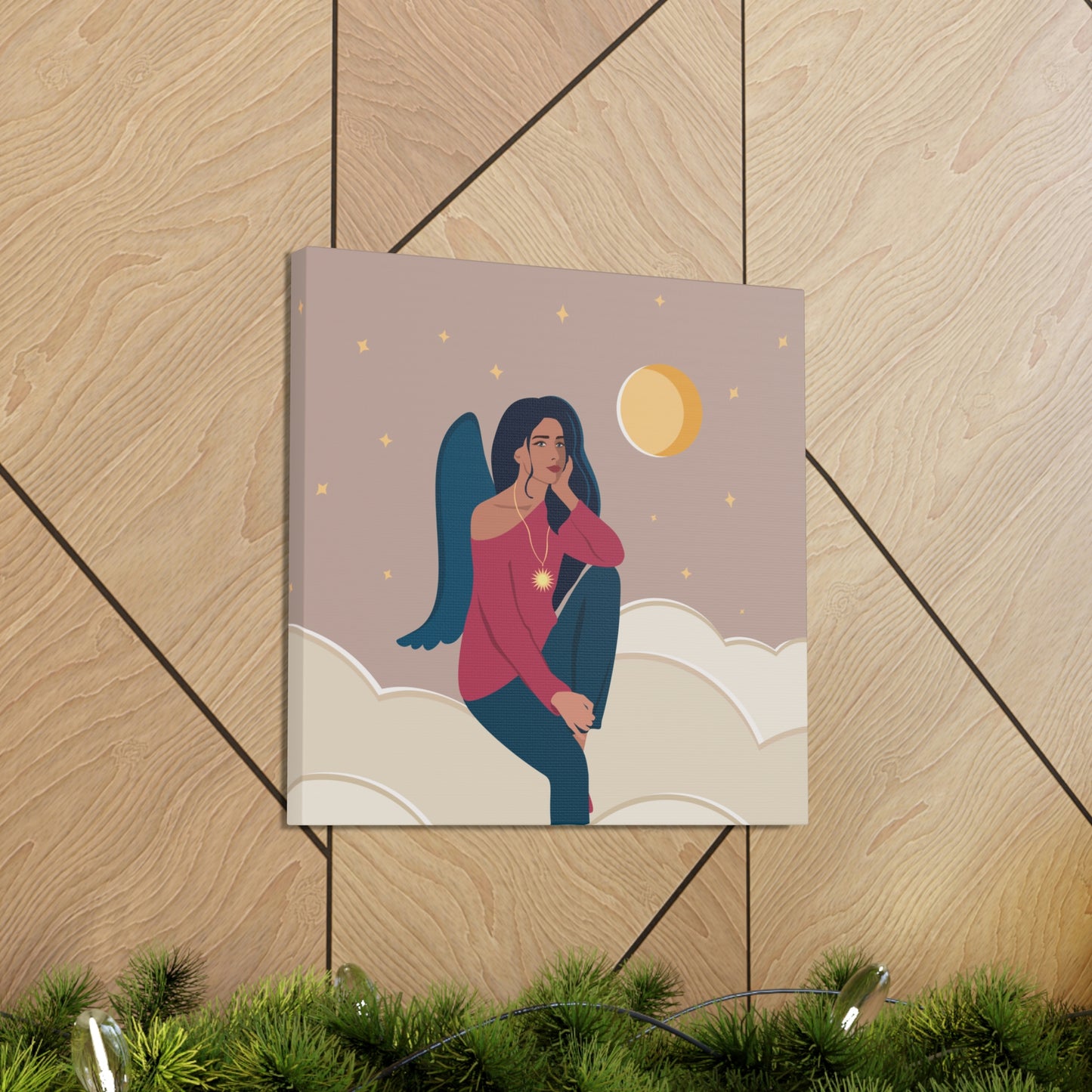 Women Angel Portrait Sitting On Clouds Cartoon Art Canvas Gallery Wraps