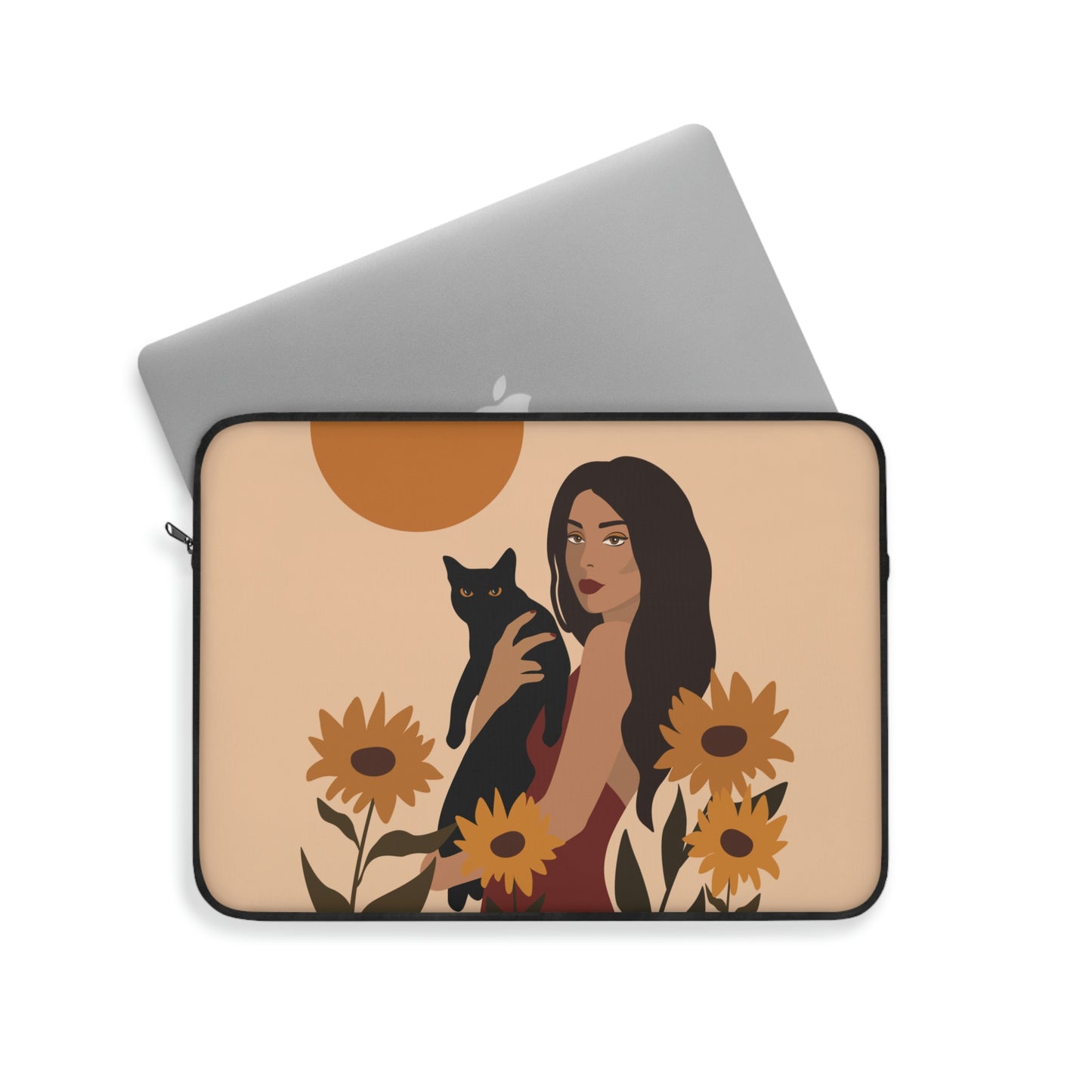 Woman with Black Cat Mininal Sunflowers Aesthetic Art Laptop Sleeve