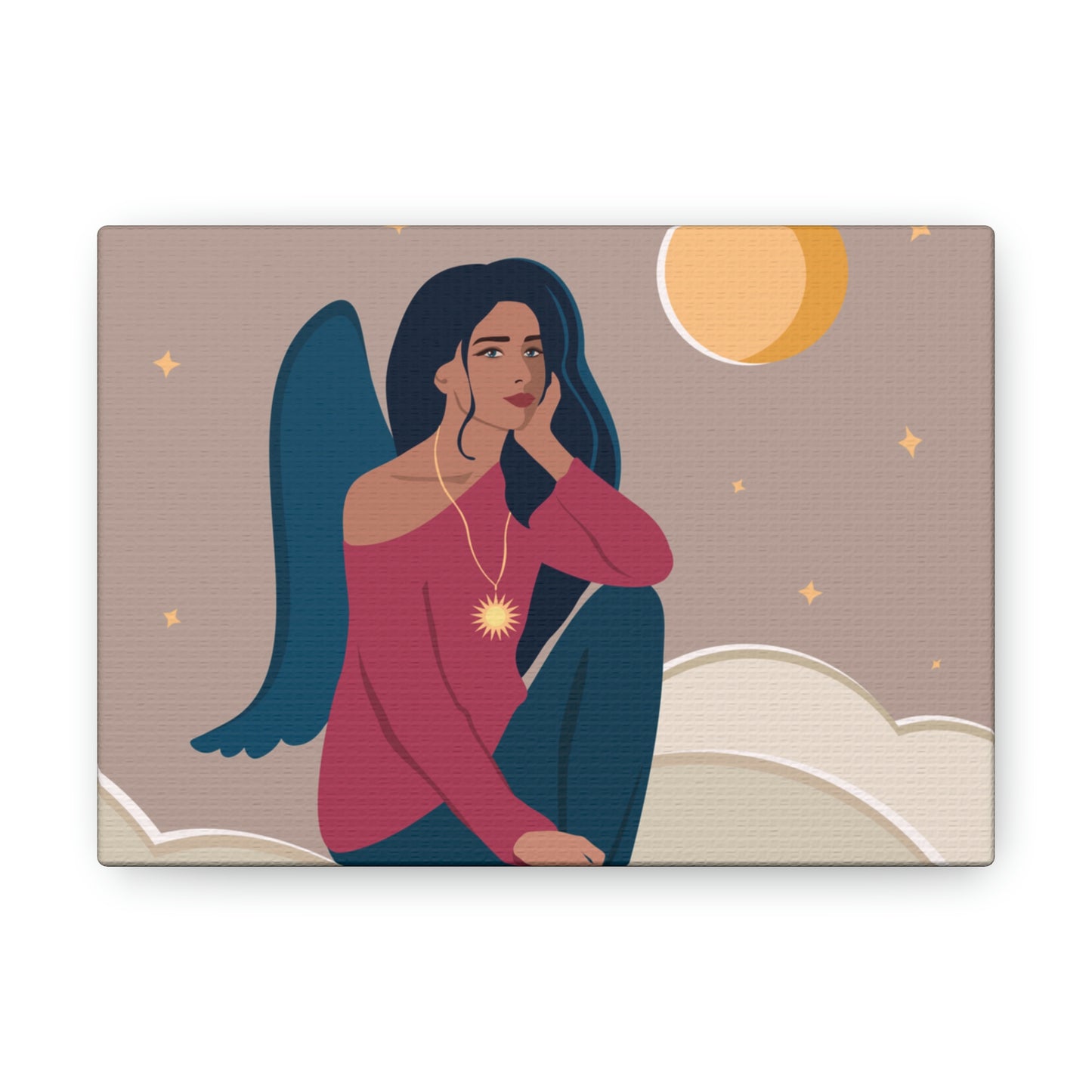 Women Angel Portrait Sitting On Clouds Cartoon Art Canvas Gallery Wraps