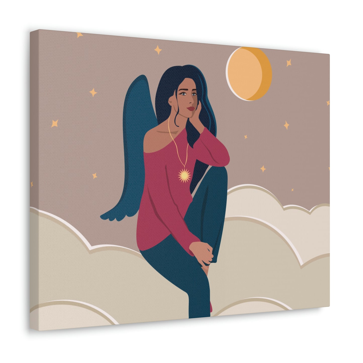 Women Angel Portrait Sitting On Clouds Cartoon Art Canvas Gallery Wraps