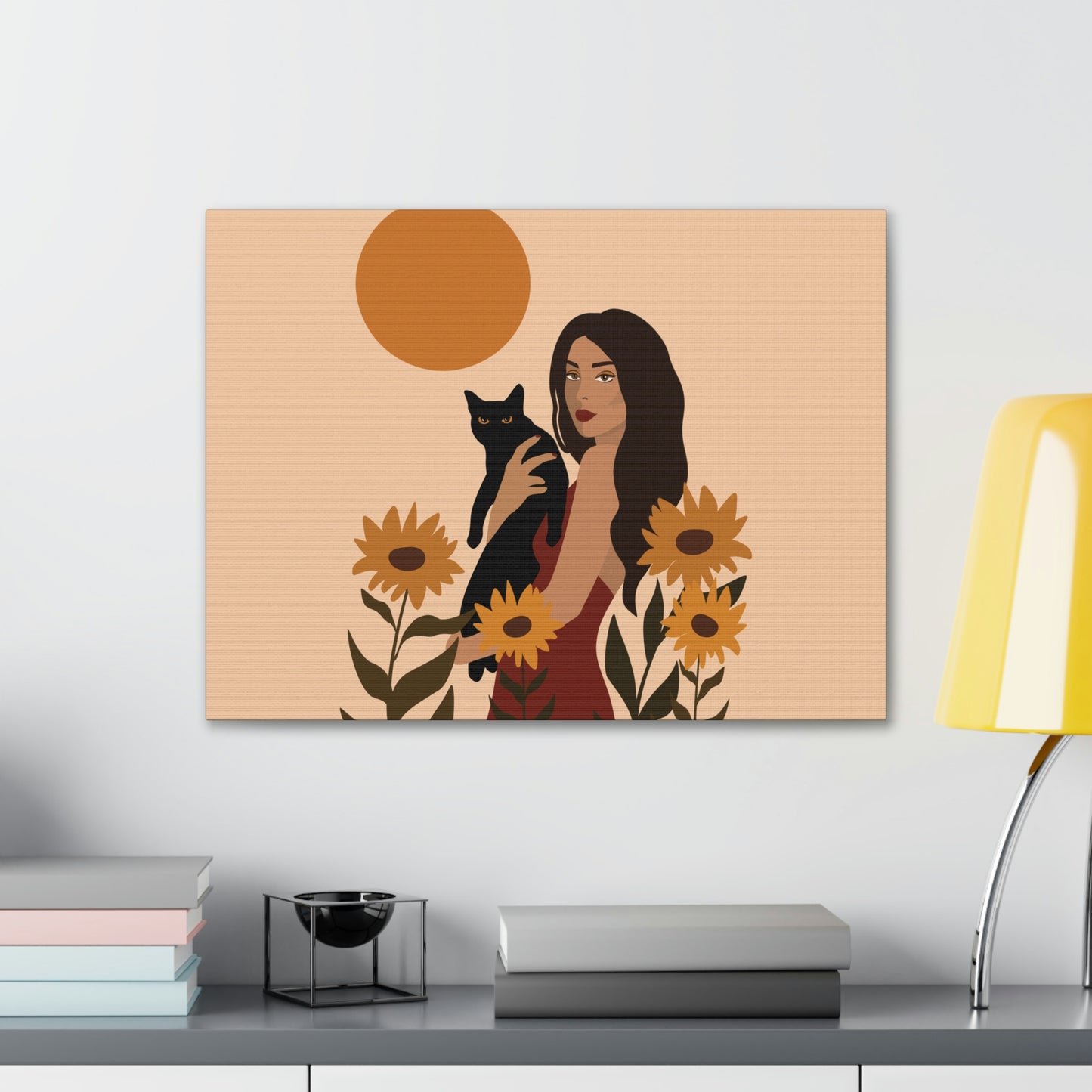 Woman with Black Cat Mininal Sunflowers Aesthetic Art Canvas Gallery Wraps