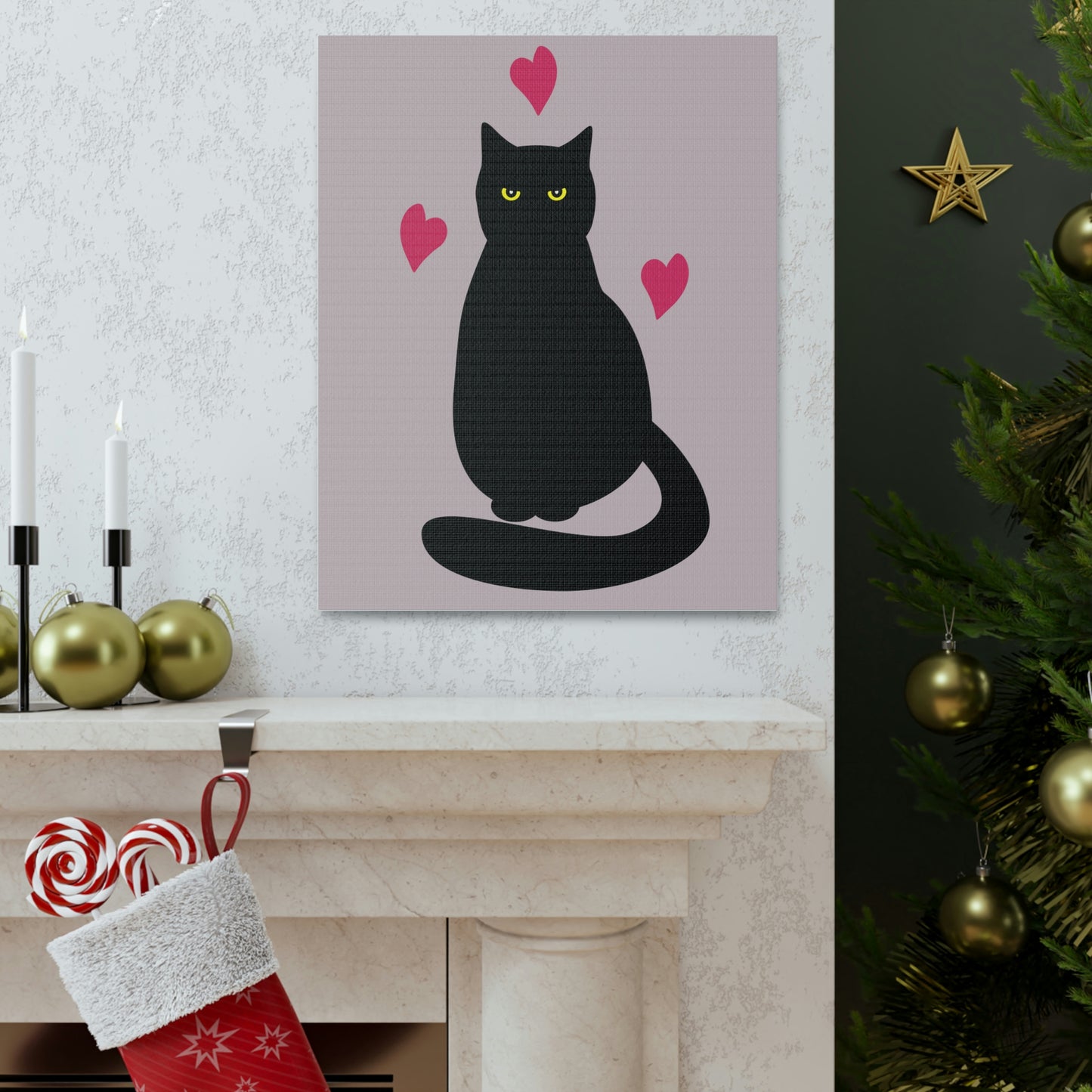 Black Cat with Heart Love Aesthetic Classic Art Canvas Gallery Wraps