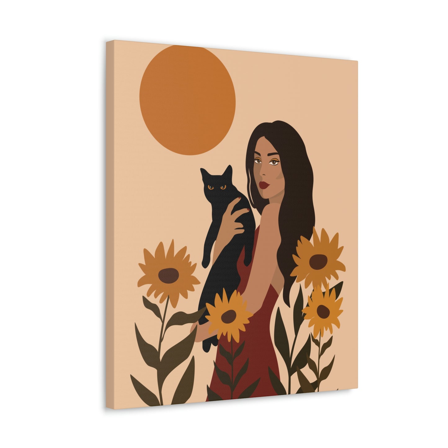 Woman with Black Cat Mininal Sunflowers Aesthetic Art Canvas Gallery Wraps