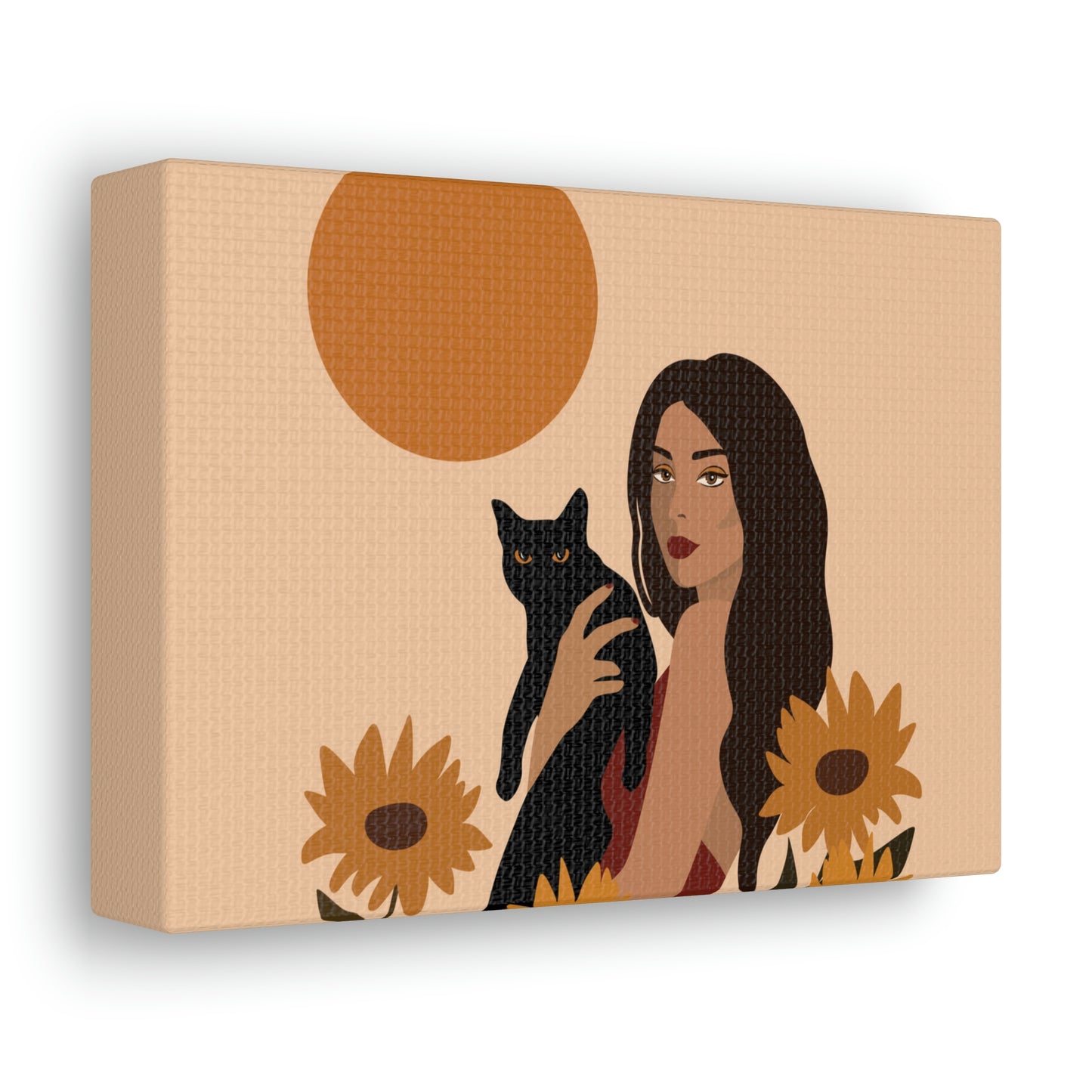 Woman with Black Cat Mininal Sunflowers Aesthetic Art Canvas Gallery Wraps