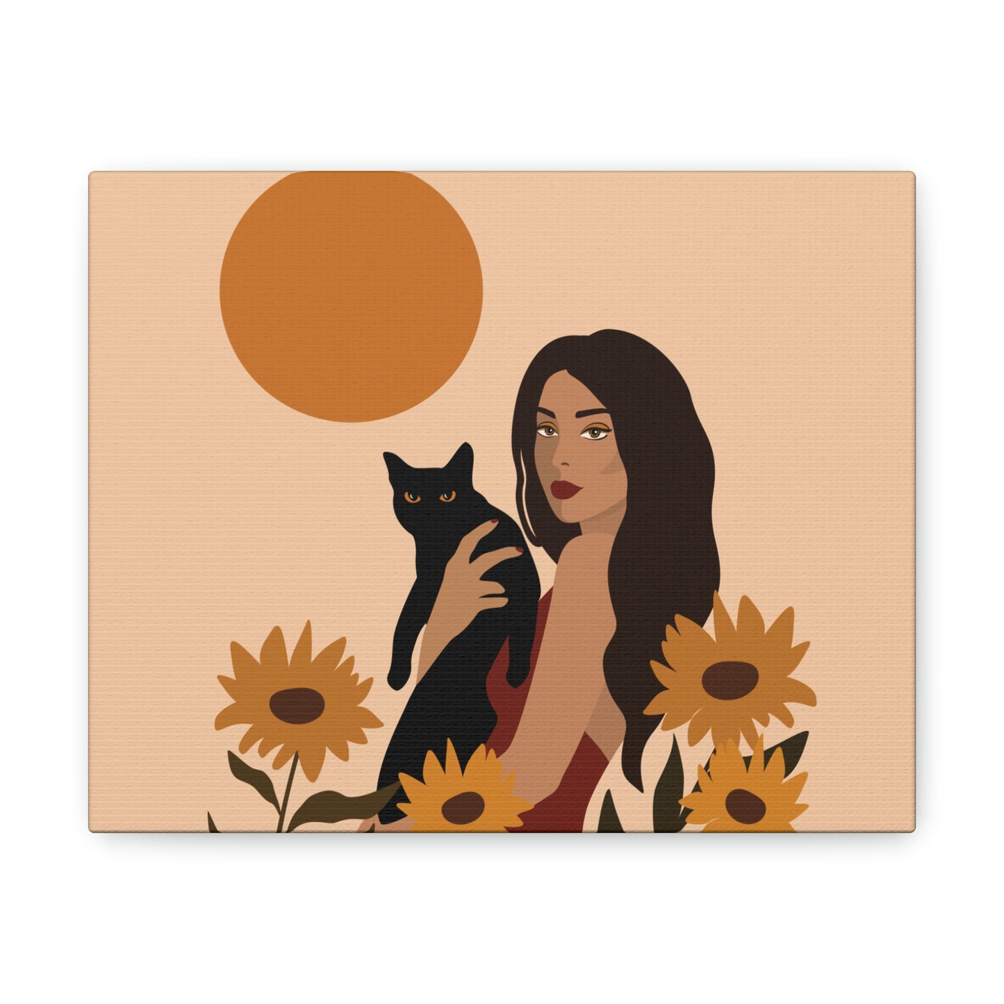 Woman with Black Cat Mininal Sunflowers Aesthetic Art Canvas Gallery Wraps