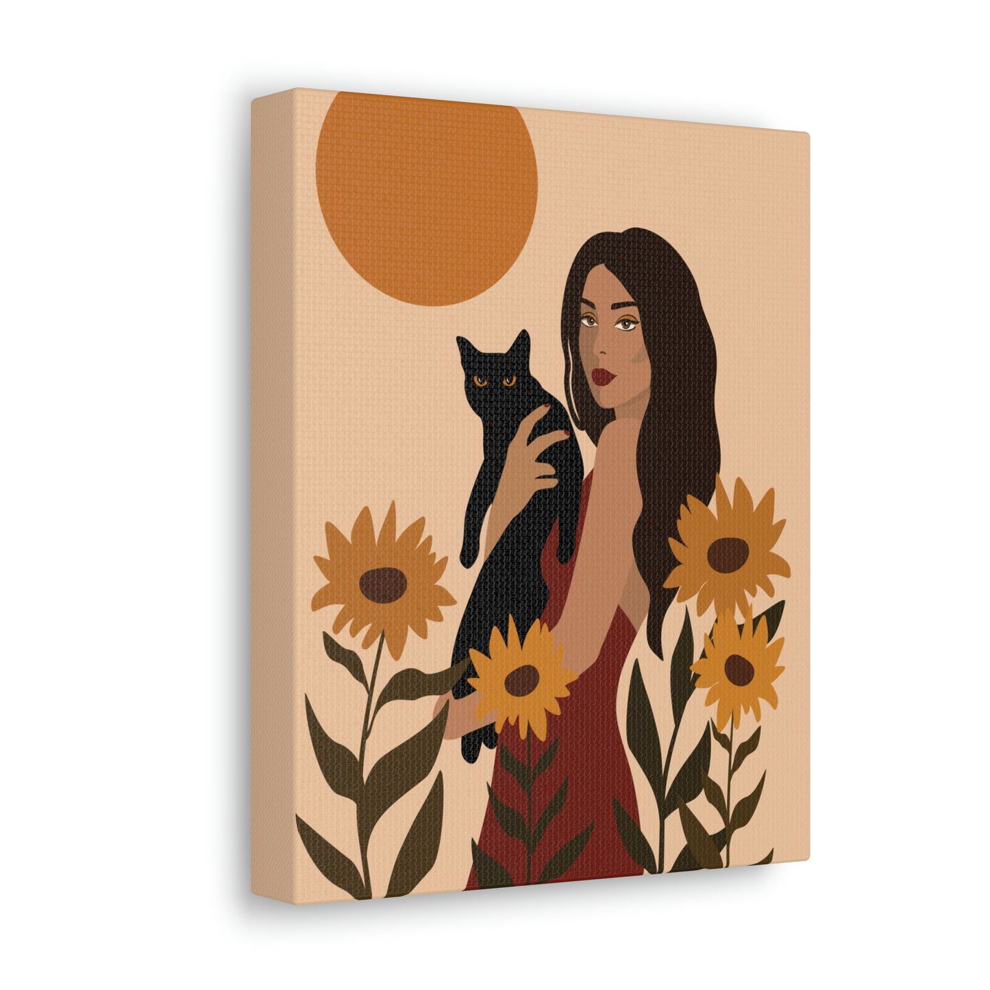 Woman with Black Cat Mininal Sunflowers Aesthetic Art Canvas Gallery Wraps