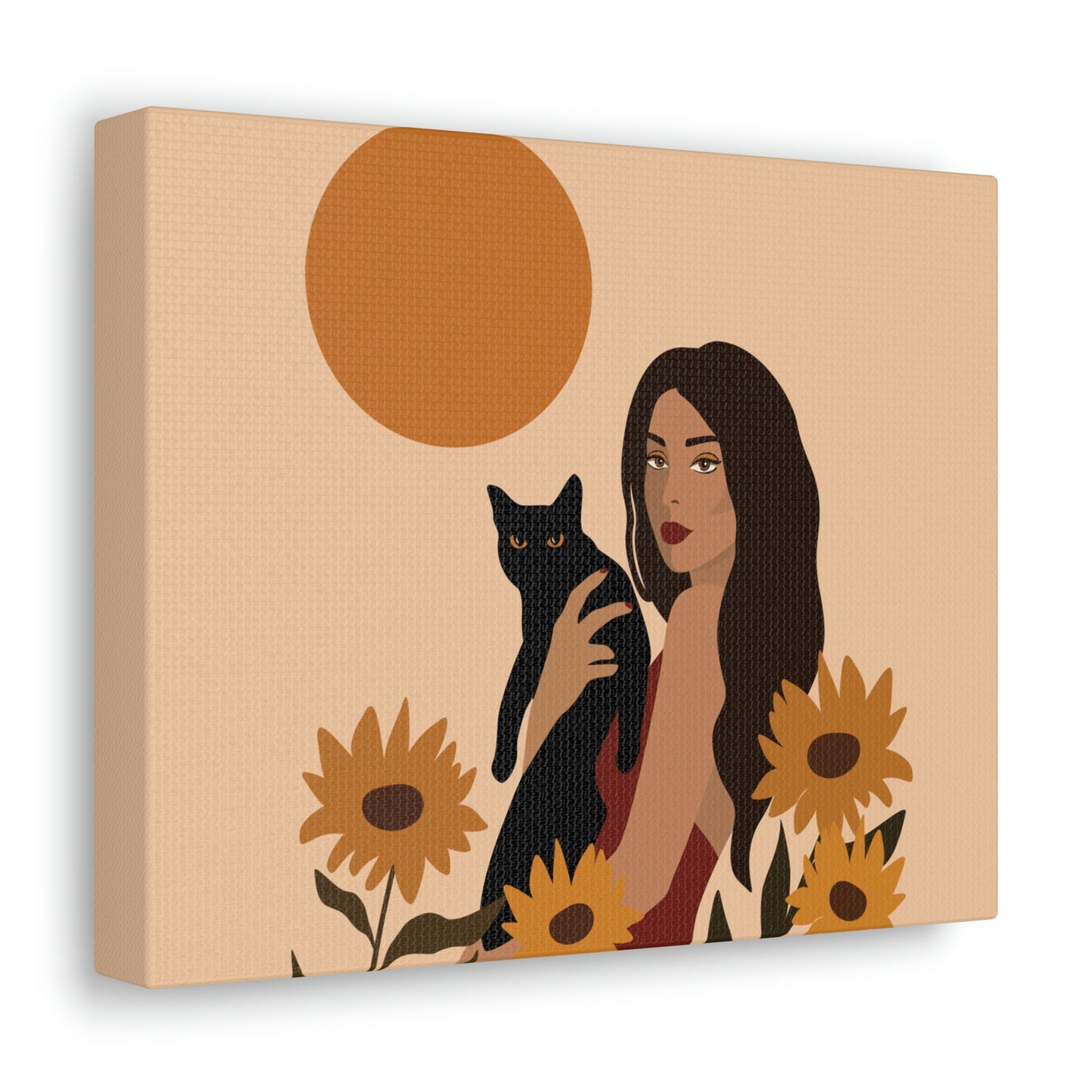 Woman with Black Cat Mininal Sunflowers Aesthetic Art Canvas Gallery Wraps