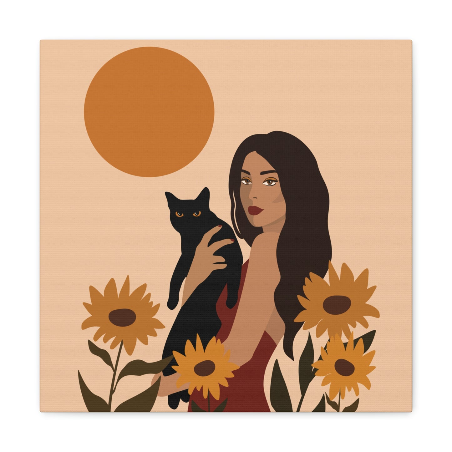 Woman with Black Cat Mininal Sunflowers Aesthetic Art Canvas Gallery Wraps