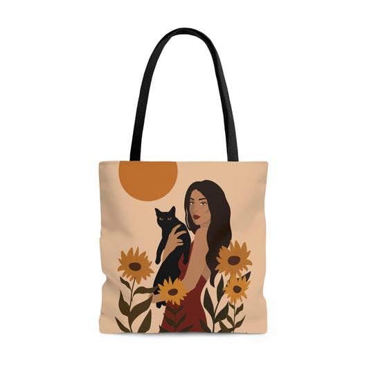 Woman with Black Cat Mininal Sunflowers Aesthetic Art AOP Tote Bag