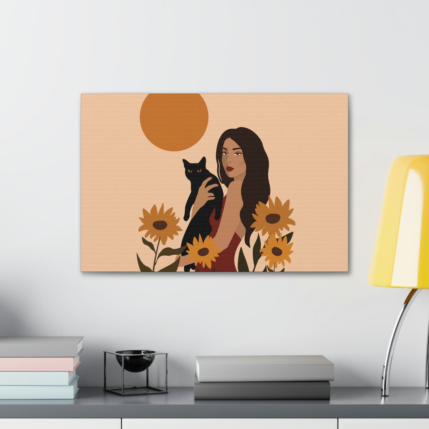 Woman with Black Cat Mininal Sunflowers Aesthetic Art Canvas Gallery Wraps