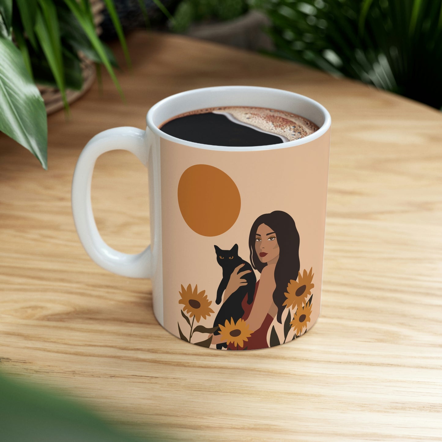 Woman with Black Cat Mininal Sunflowers Aesthetic Art Ceramic Mug 11oz