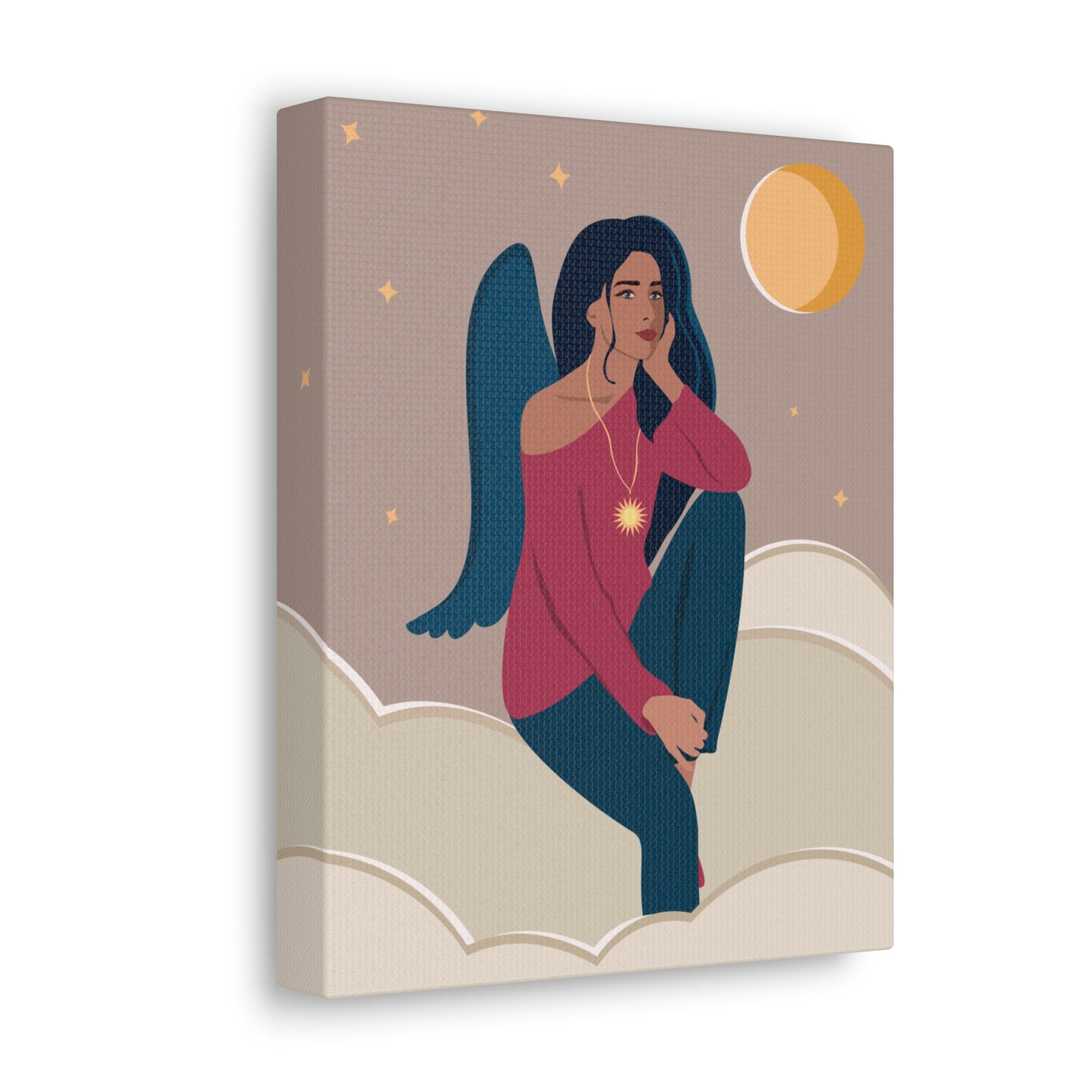 Women Angel Portrait Sitting On Clouds Cartoon Art Canvas Gallery Wraps