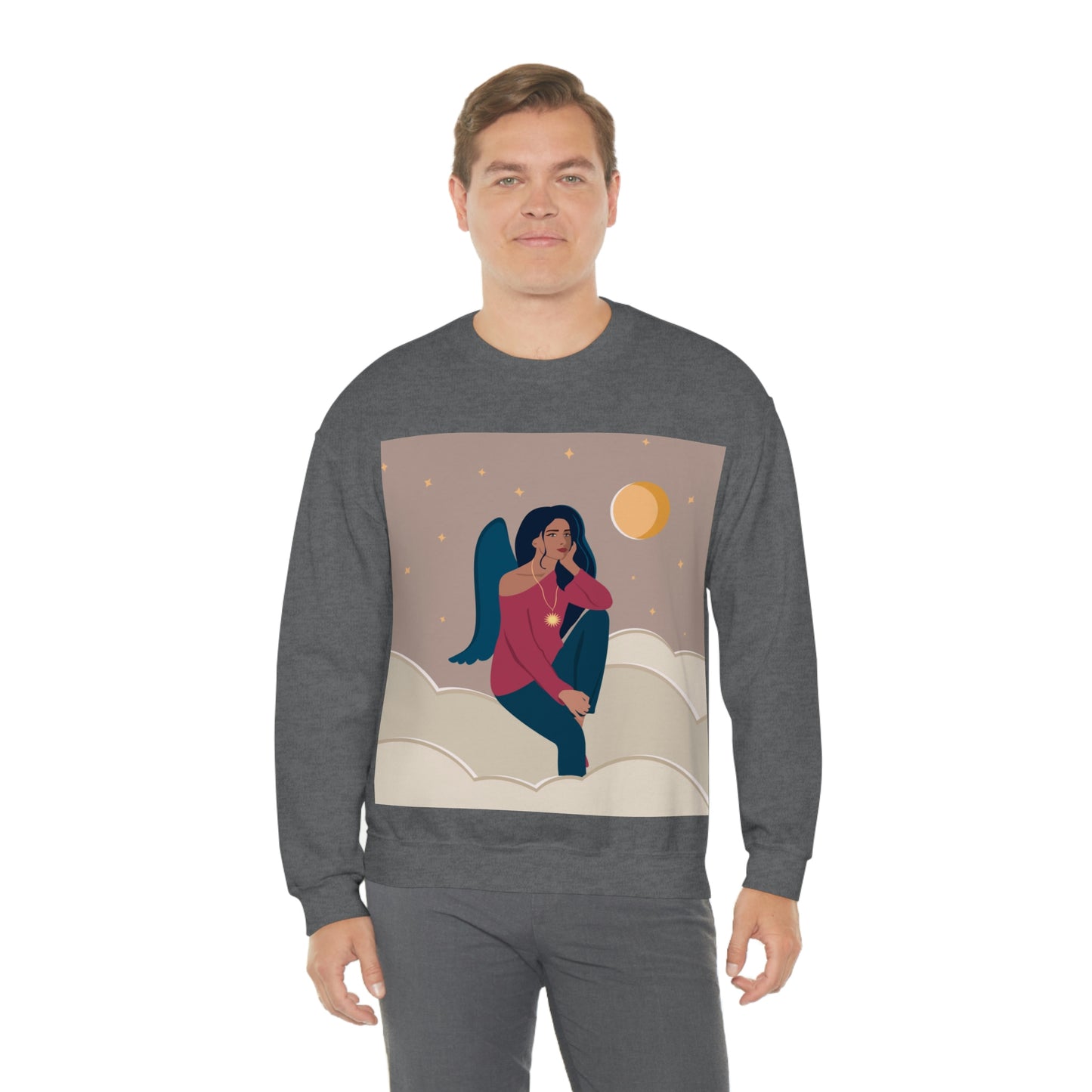 Women Angel Portrait Sitting On Clouds Cartoon Art Unisex Heavy Blend™ Crewneck Sweatshirt