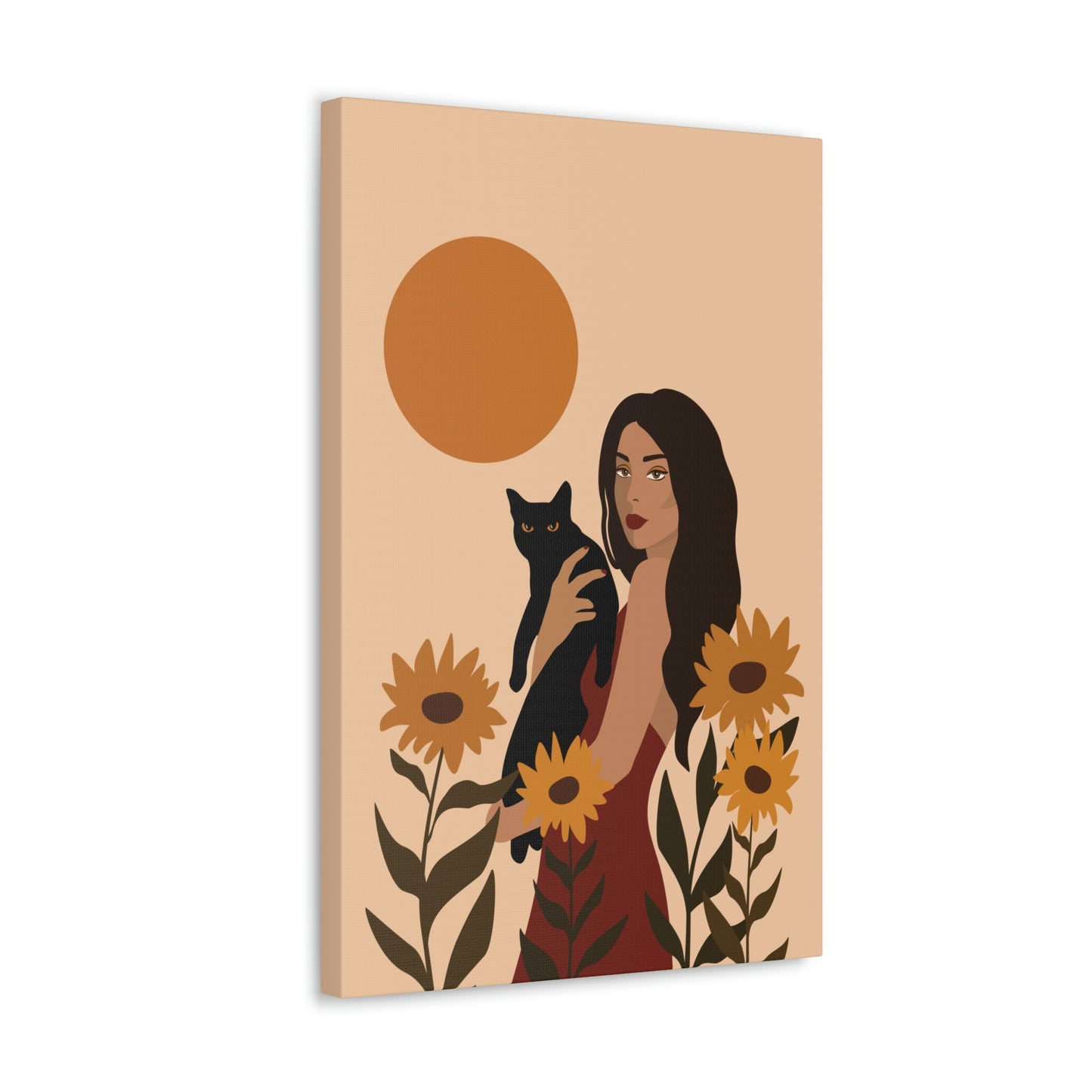 Woman with Black Cat Mininal Sunflowers Aesthetic Art Canvas Gallery Wraps