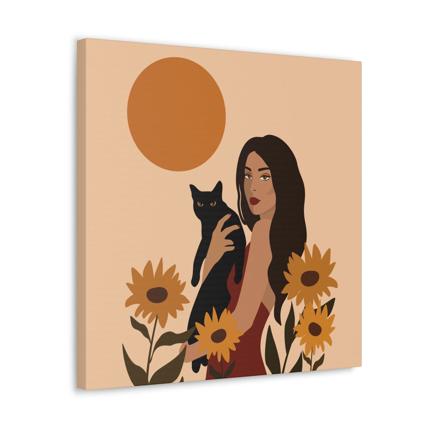 Woman with Black Cat Mininal Sunflowers Aesthetic Art Canvas Gallery Wraps