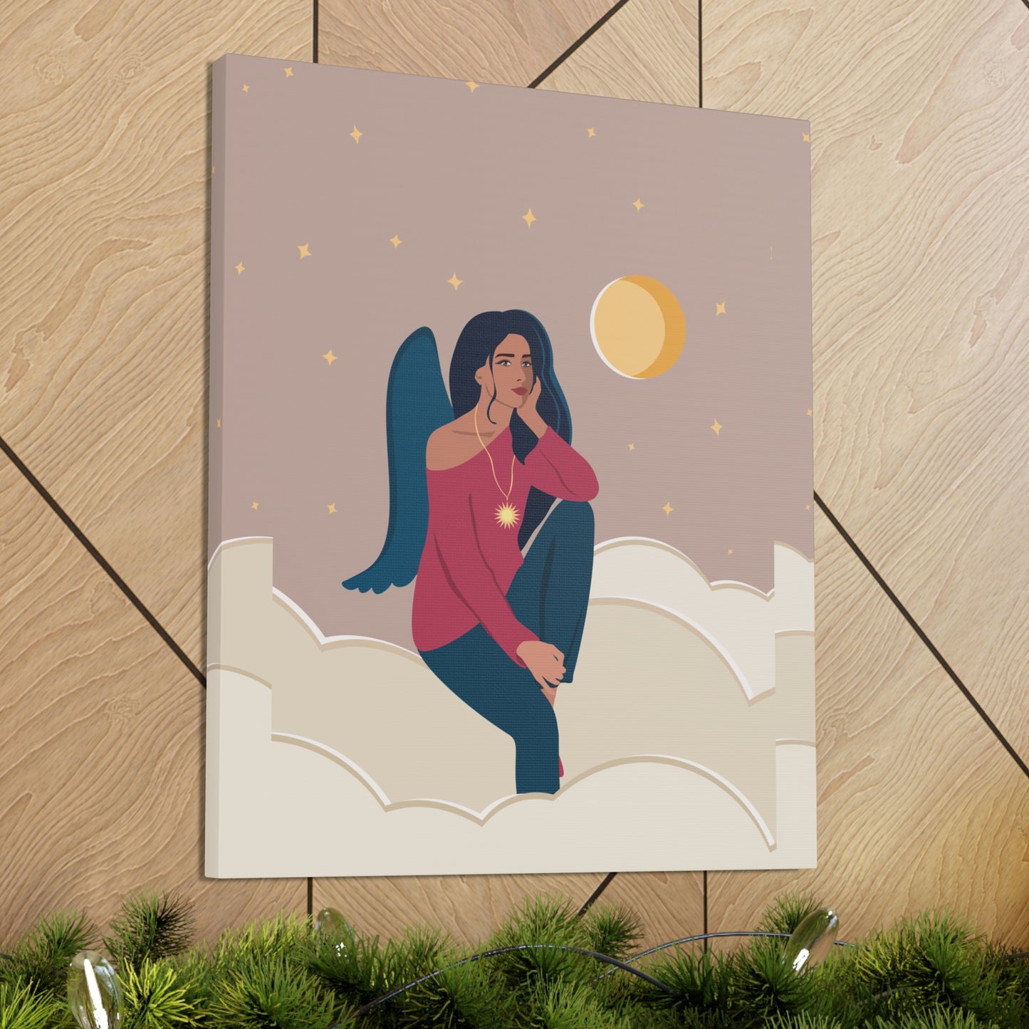 Women Angel Portrait Sitting On Clouds Cartoon Art Canvas Gallery Wraps