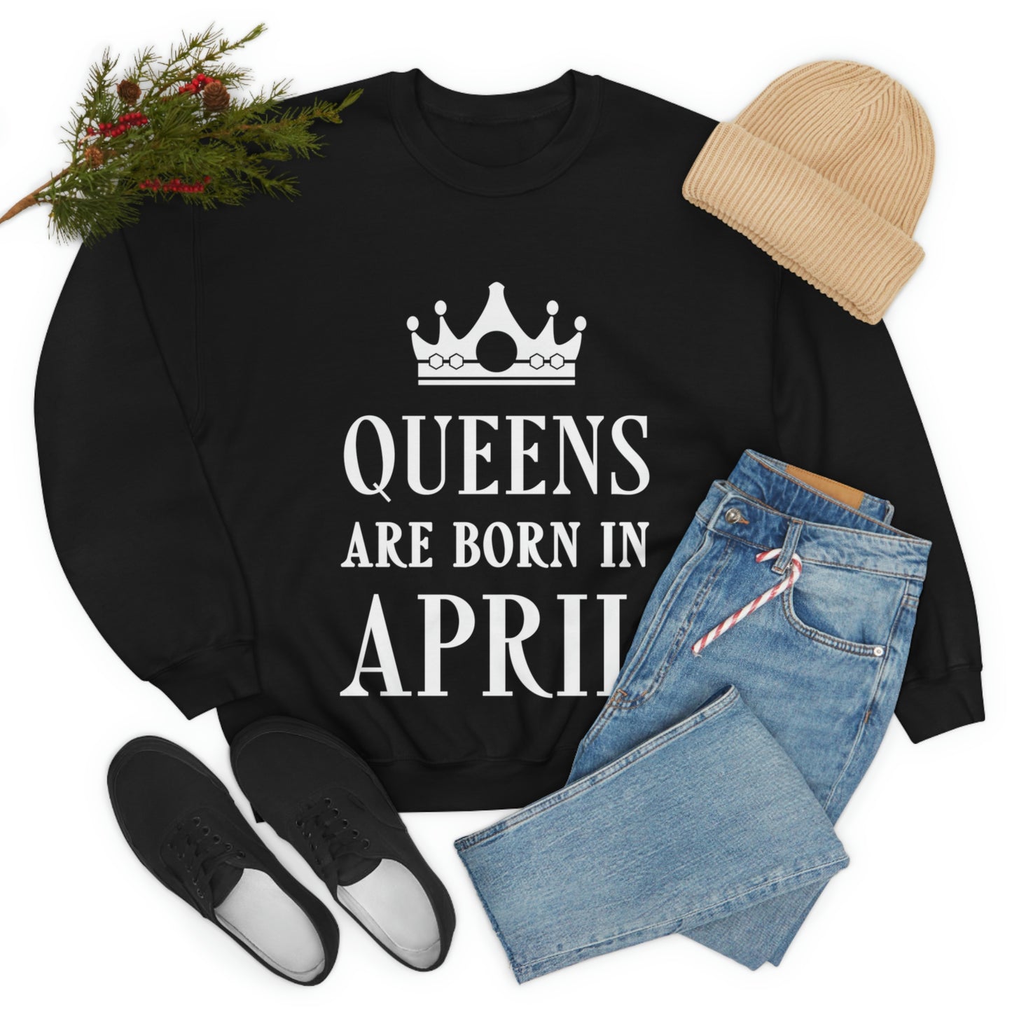 Queens Are Born in April Happy Birthday Unisex Heavy Blend™ Crewneck Sweatshirt