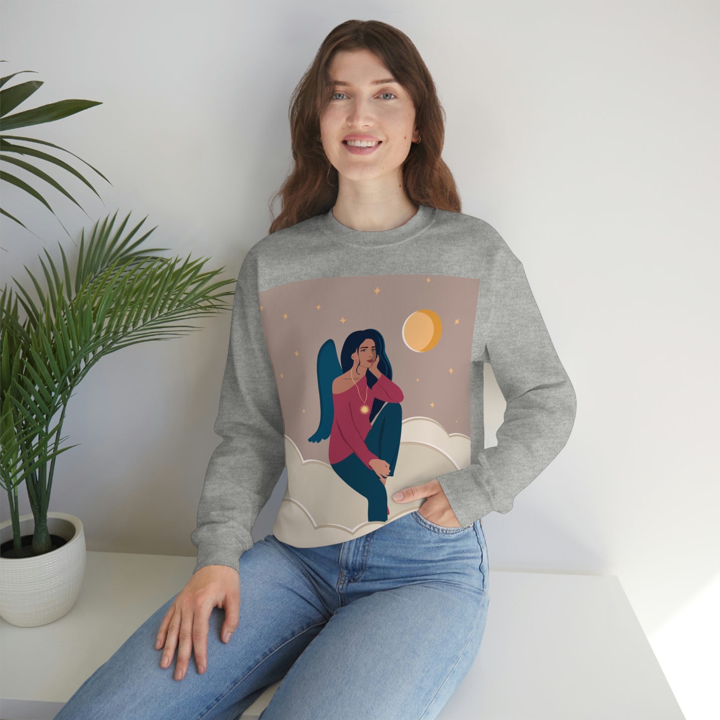 Women Angel Portrait Sitting On Clouds Cartoon Art Unisex Heavy Blend™ Crewneck Sweatshirt