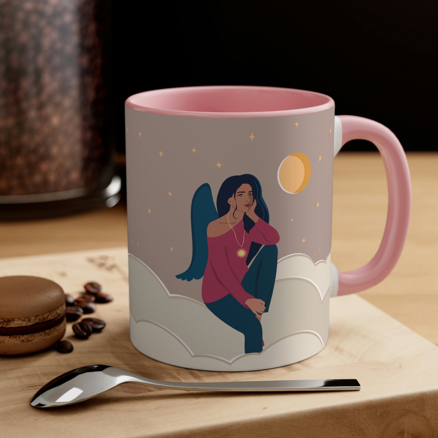 Women Angel Portrait Sitting On Clouds Cartoon Art Accent Coffee Mug 11oz