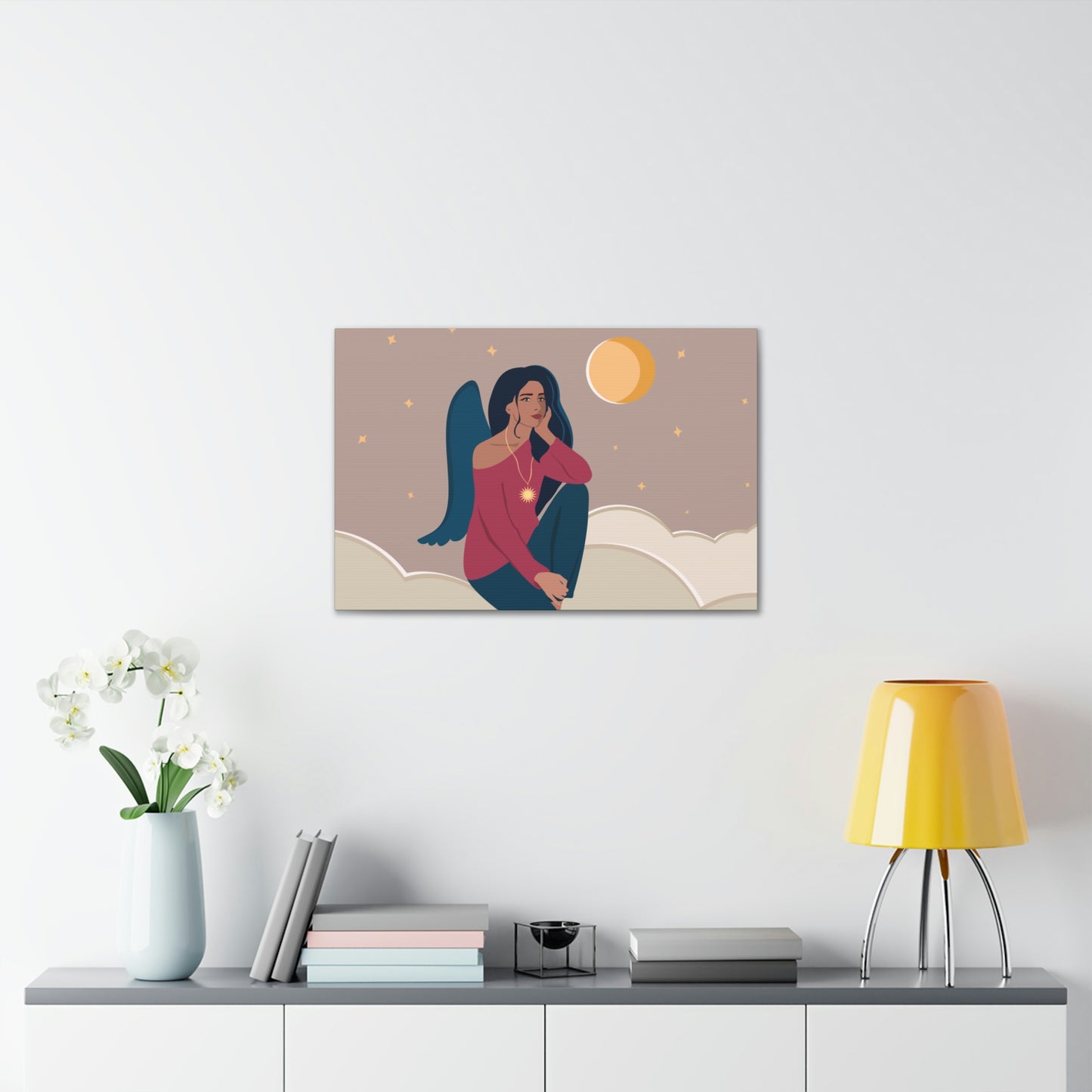 Women Angel Portrait Sitting On Clouds Cartoon Art Canvas Gallery Wraps