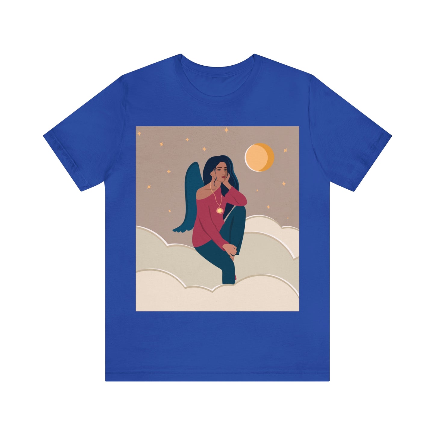 Women Angel Portrait Sitting On Clouds Cartoon Art Unisex Jersey Short Sleeve T-Shirt