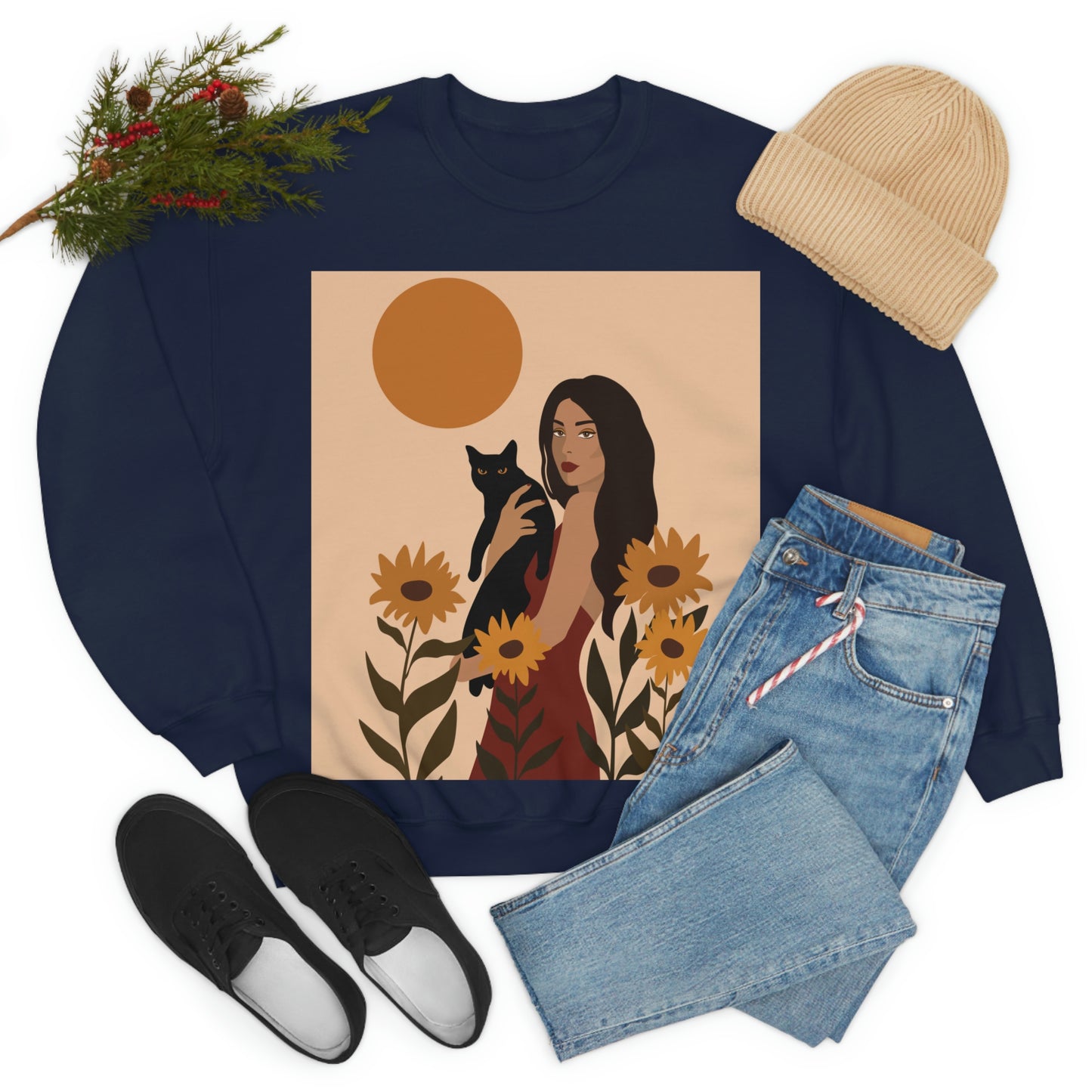 Woman with Black Cat Mininal Sunflowers Aesthetic Art Unisex Heavy Blend™ Crewneck Sweatshirt