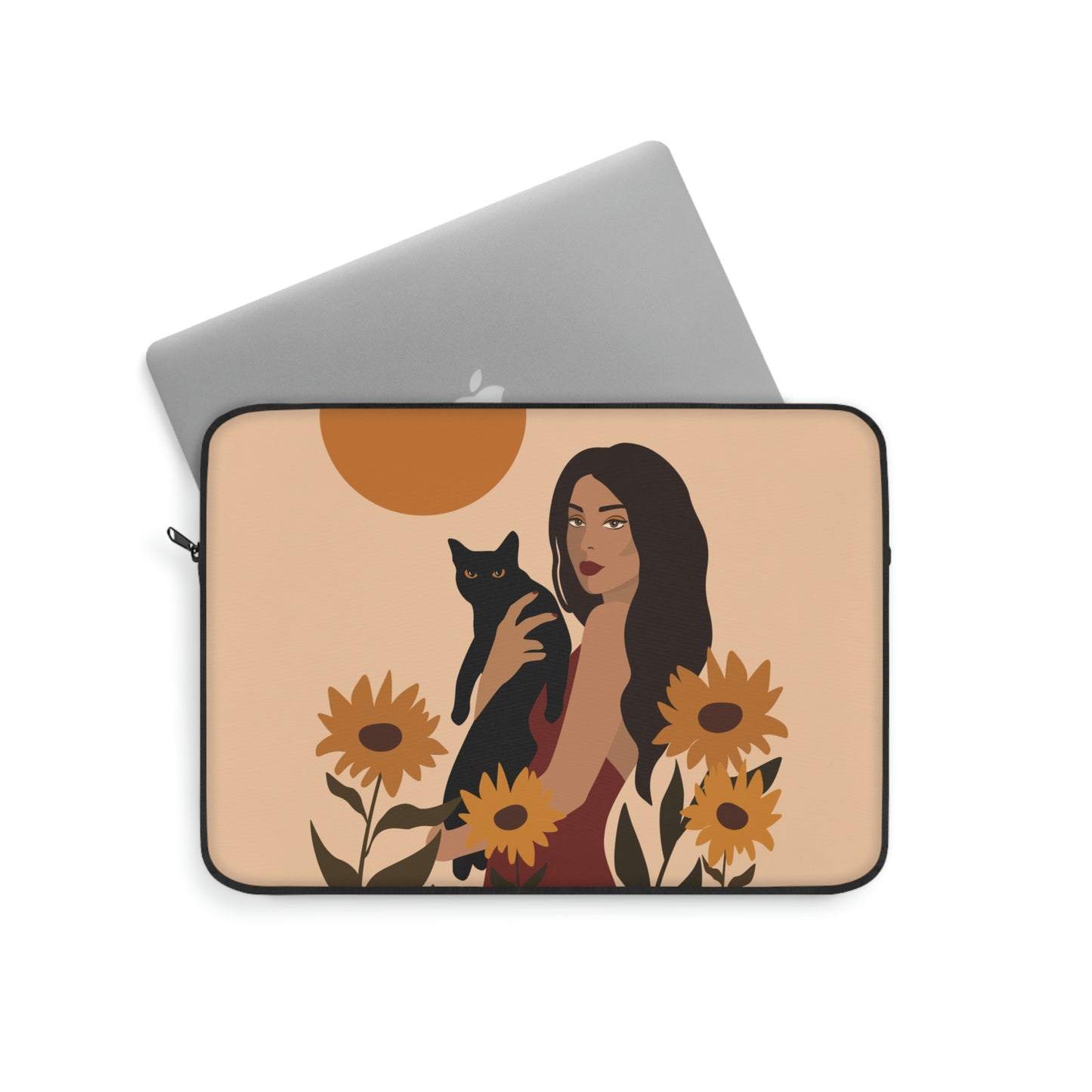 Woman with Black Cat Mininal Sunflowers Aesthetic Art Laptop Sleeve