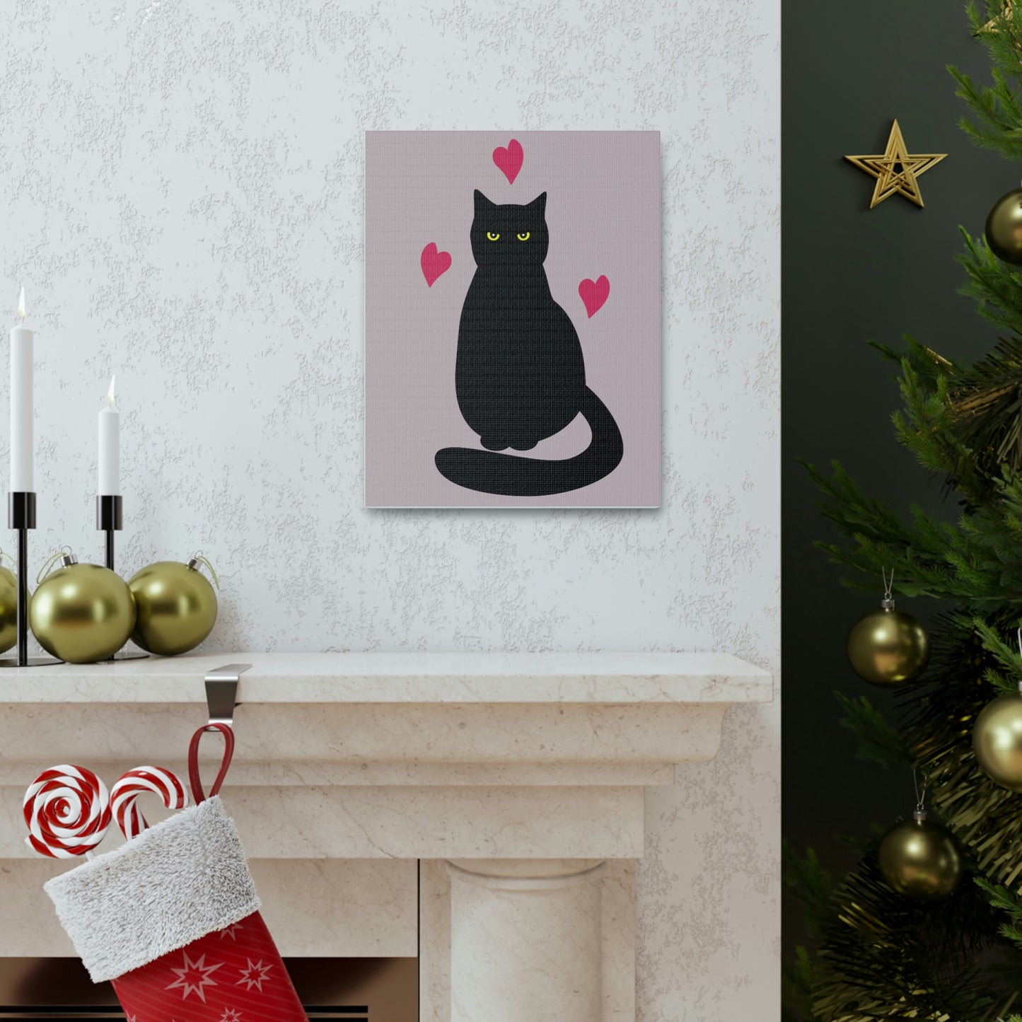 Black Cat with Heart Love Aesthetic Classic Art Canvas Gallery Wraps