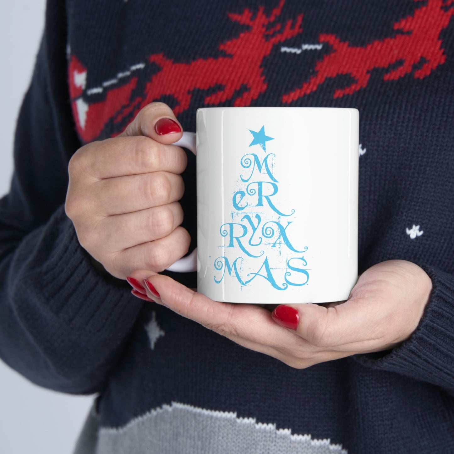 Love Christmas Happy Holidays Minimal Art Сalligraphy Blue Ceramic Mug 11oz