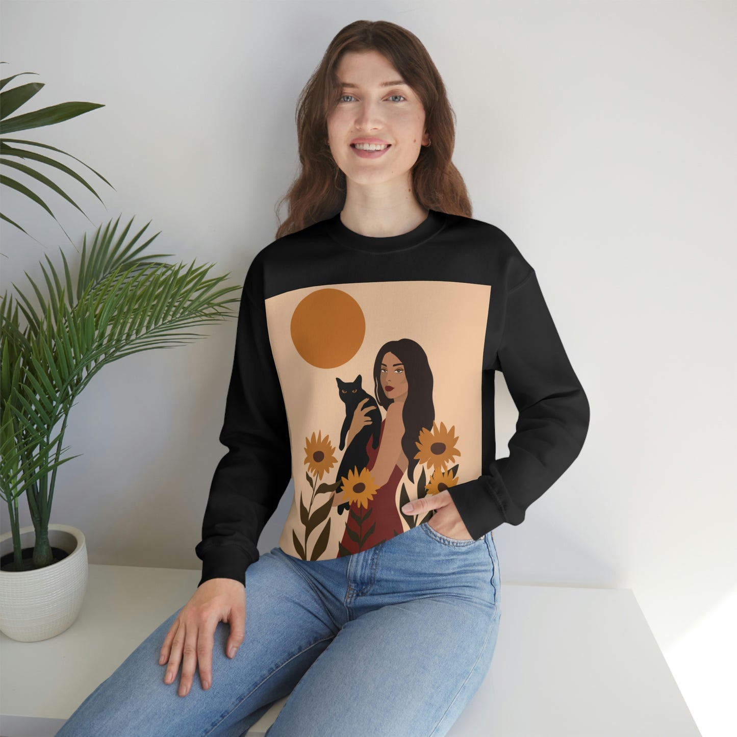 Woman with Black Cat Mininal Sunflowers Aesthetic Art Unisex Heavy Blend™ Crewneck Sweatshirt