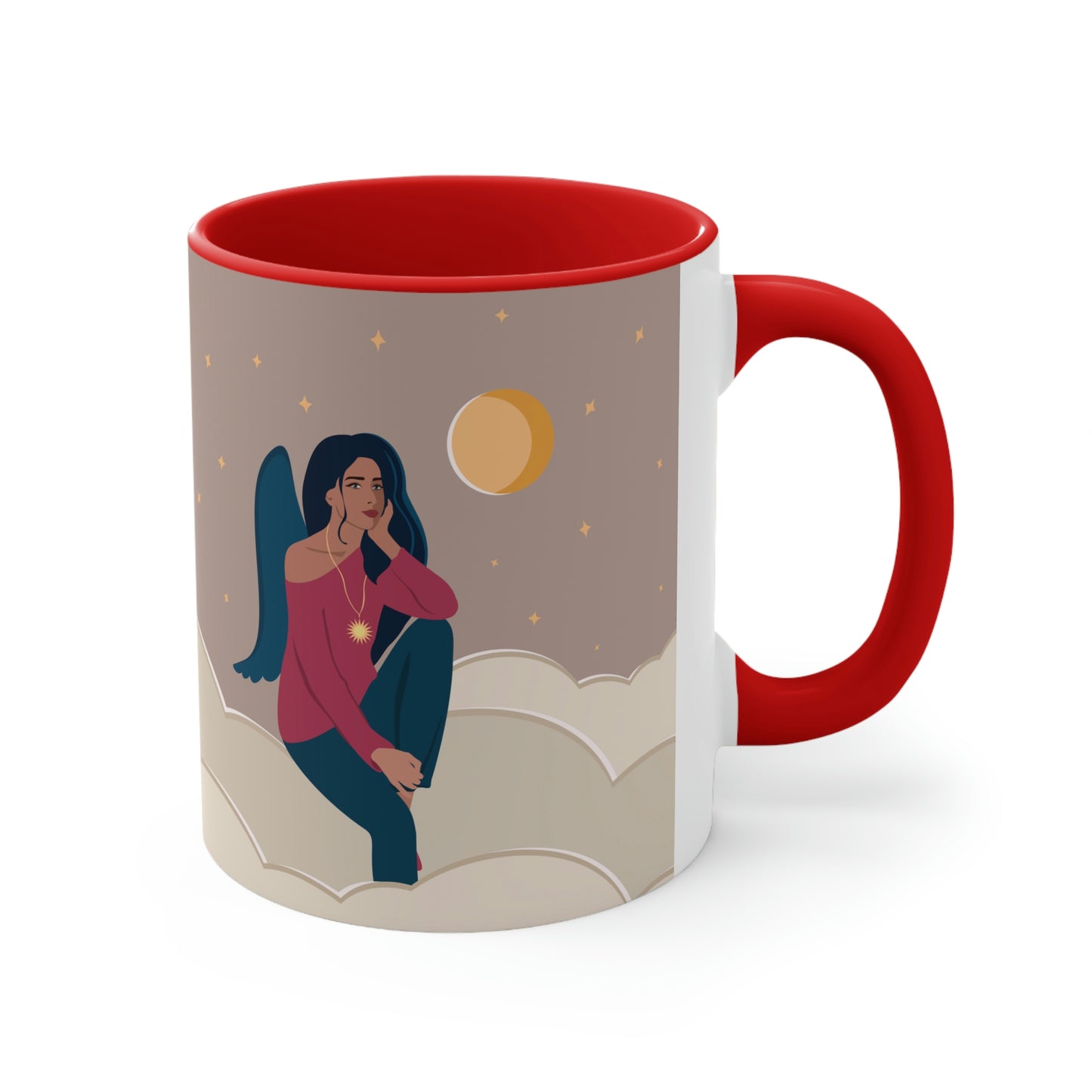 Women Angel Portrait Sitting On Clouds Cartoon Art Accent Coffee Mug 11oz