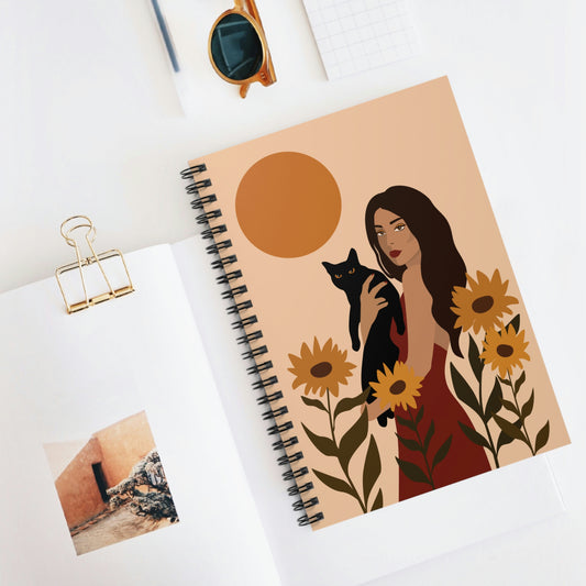 Woman with Black Cat Mininal Sunflowers Aesthetic Art Spiral Notebook Ruled Line