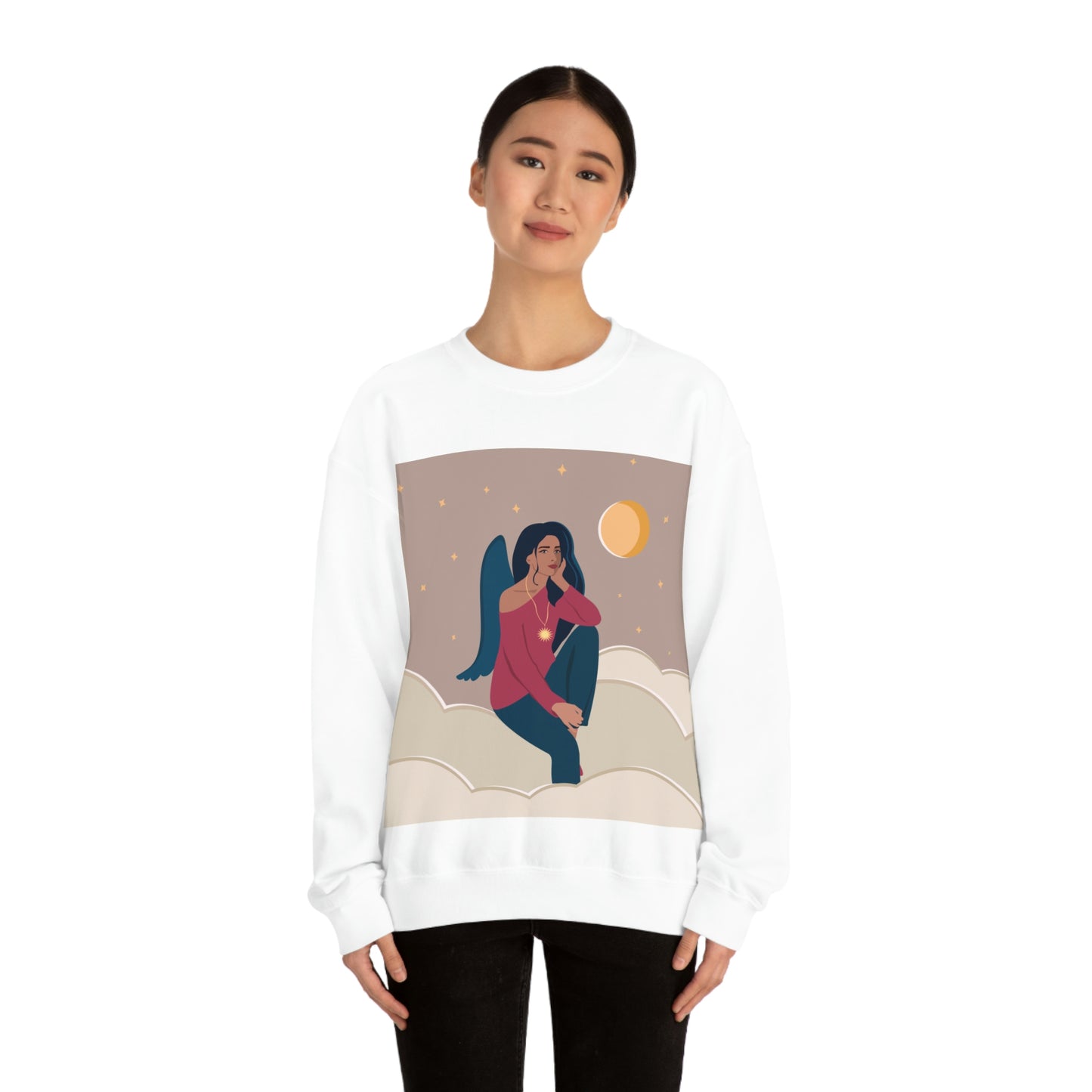 Women Angel Portrait Sitting On Clouds Cartoon Art Unisex Heavy Blend™ Crewneck Sweatshirt